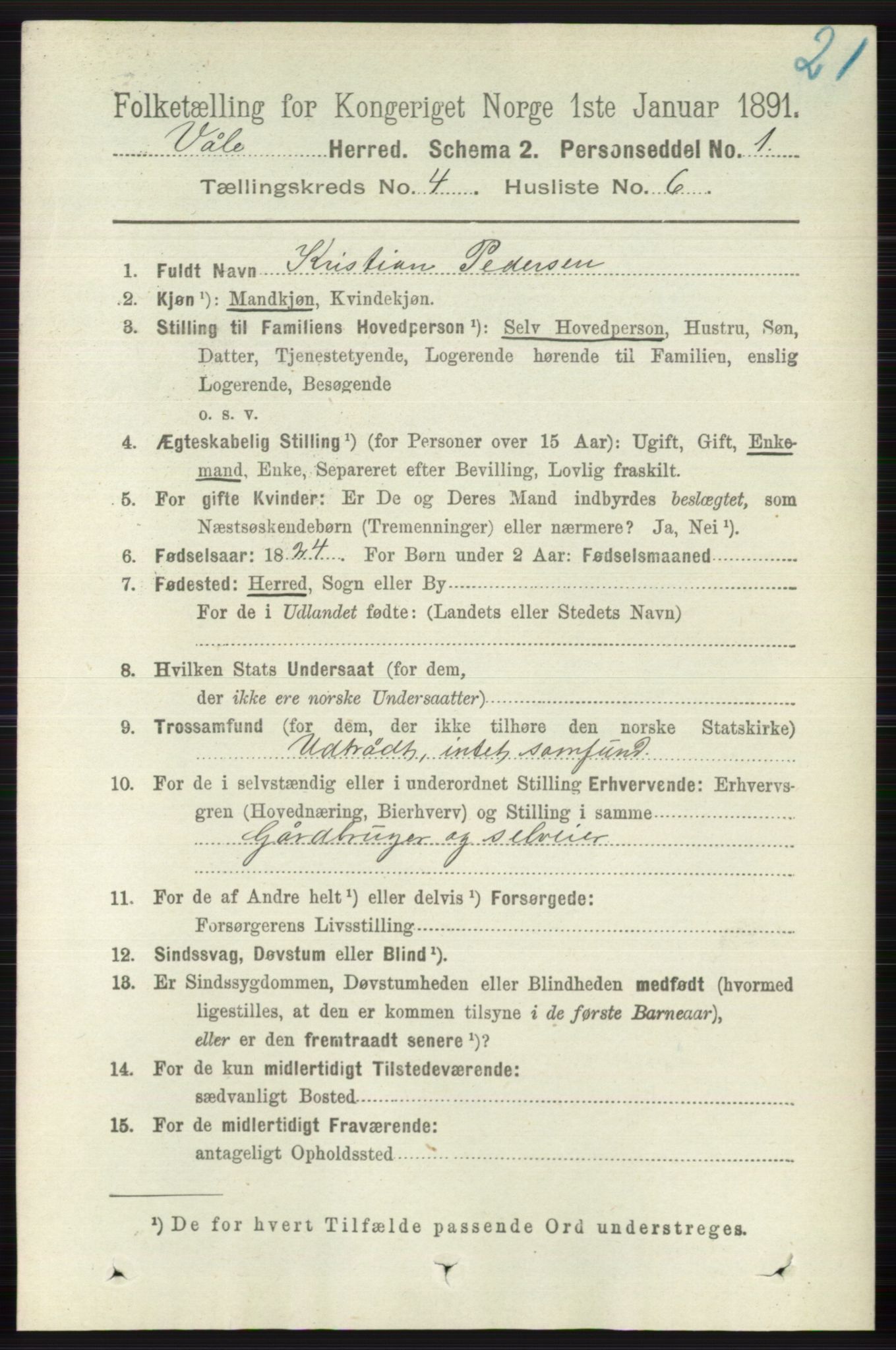 RA, 1891 census for 0716 Våle, 1891, p. 1012