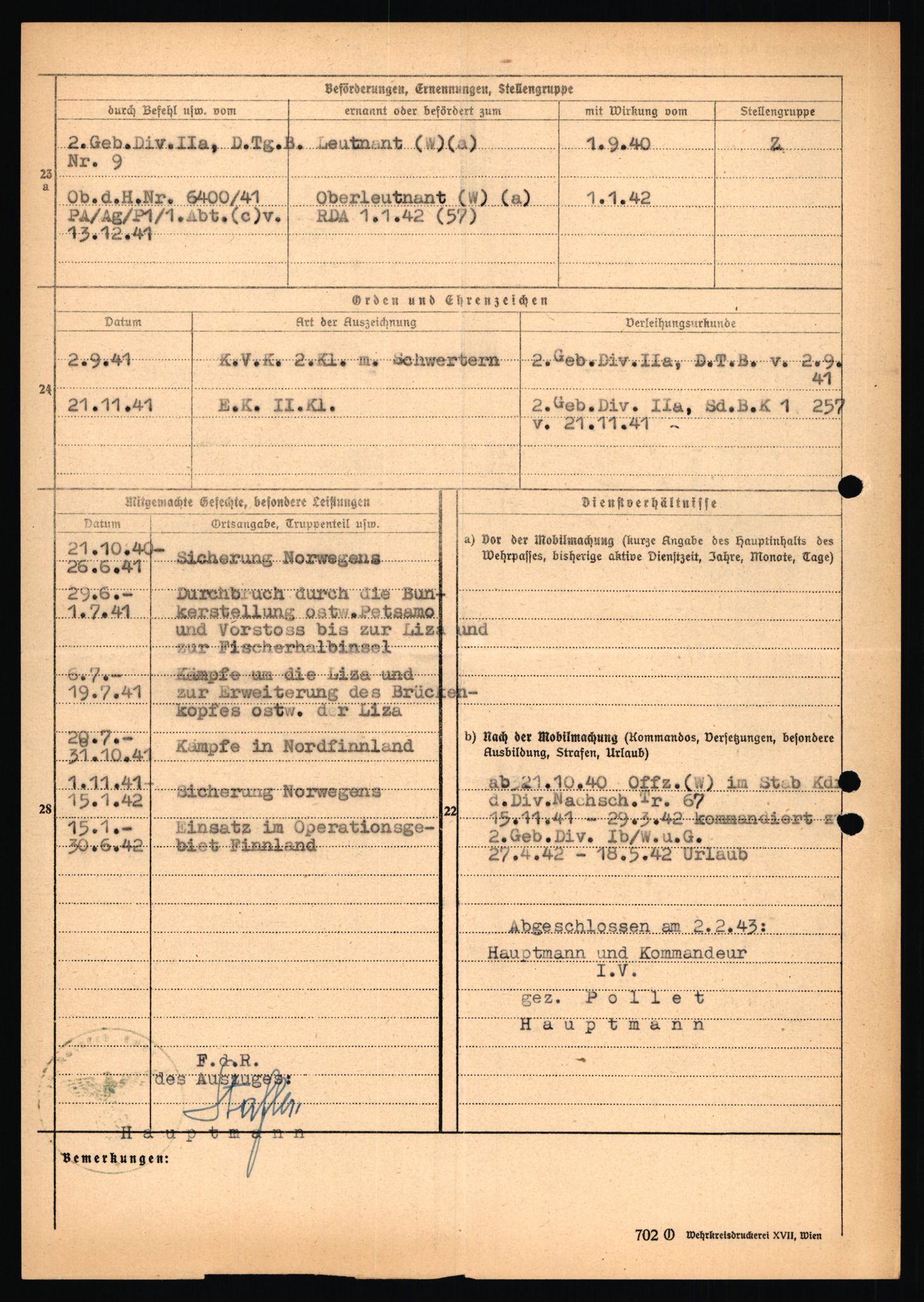 Forsvarets Overkommando. 2 kontor. Arkiv 11.4. Spredte tyske arkivsaker, AV/RA-RAFA-7031/D/Dar/Dara/L0018: Personalbøker, 1940-1945, p. 83