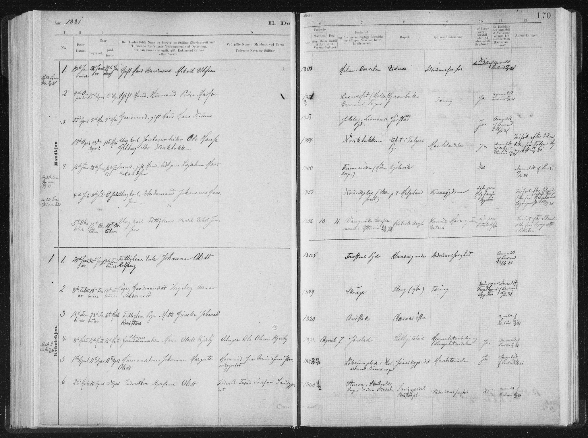 Ministerialprotokoller, klokkerbøker og fødselsregistre - Nord-Trøndelag, SAT/A-1458/722/L0220: Parish register (official) no. 722A07, 1881-1908, p. 170