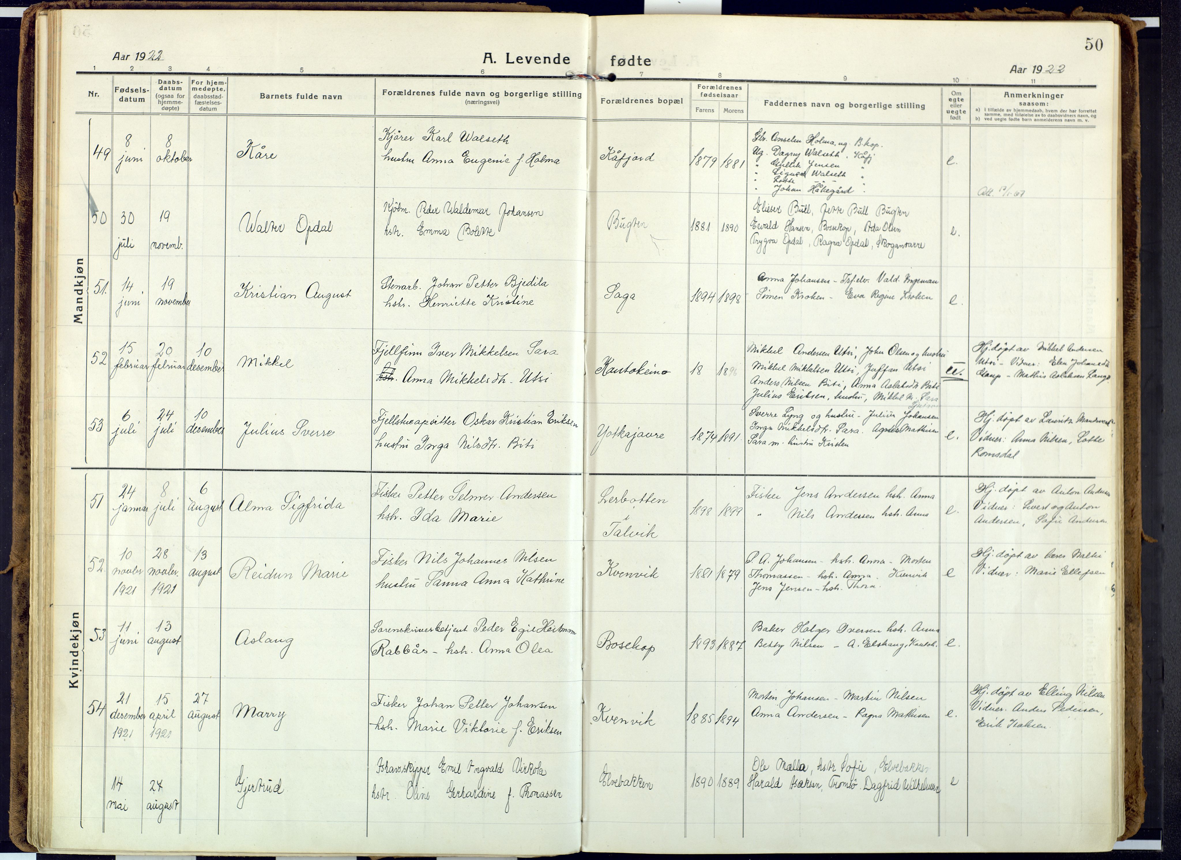 Alta sokneprestkontor, AV/SATØ-S-1338/H/Ha: Parish register (official) no. 6, 1918-1931, p. 50