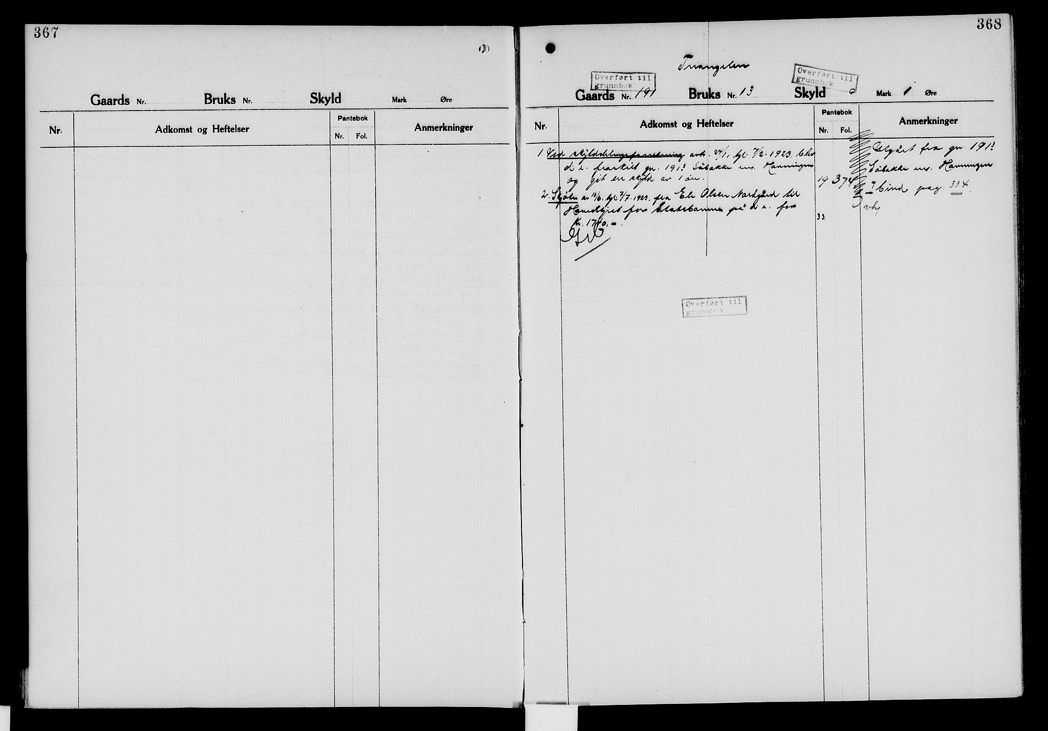 Nord-Hedmark sorenskriveri, SAH/TING-012/H/Ha/Had/Hade/L0006: Mortgage register no. 4.6, 1920-1940, p. 367-368