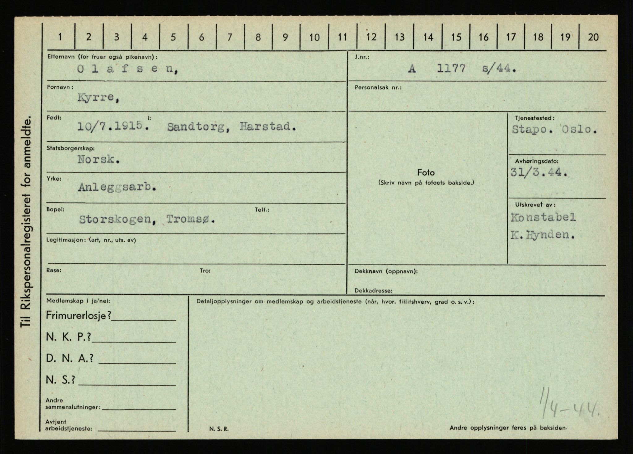 Statspolitiet - Hovedkontoret / Osloavdelingen, AV/RA-S-1329/C/Ca/L0012: Oanæs - Quistgaard	, 1943-1945, p. 185