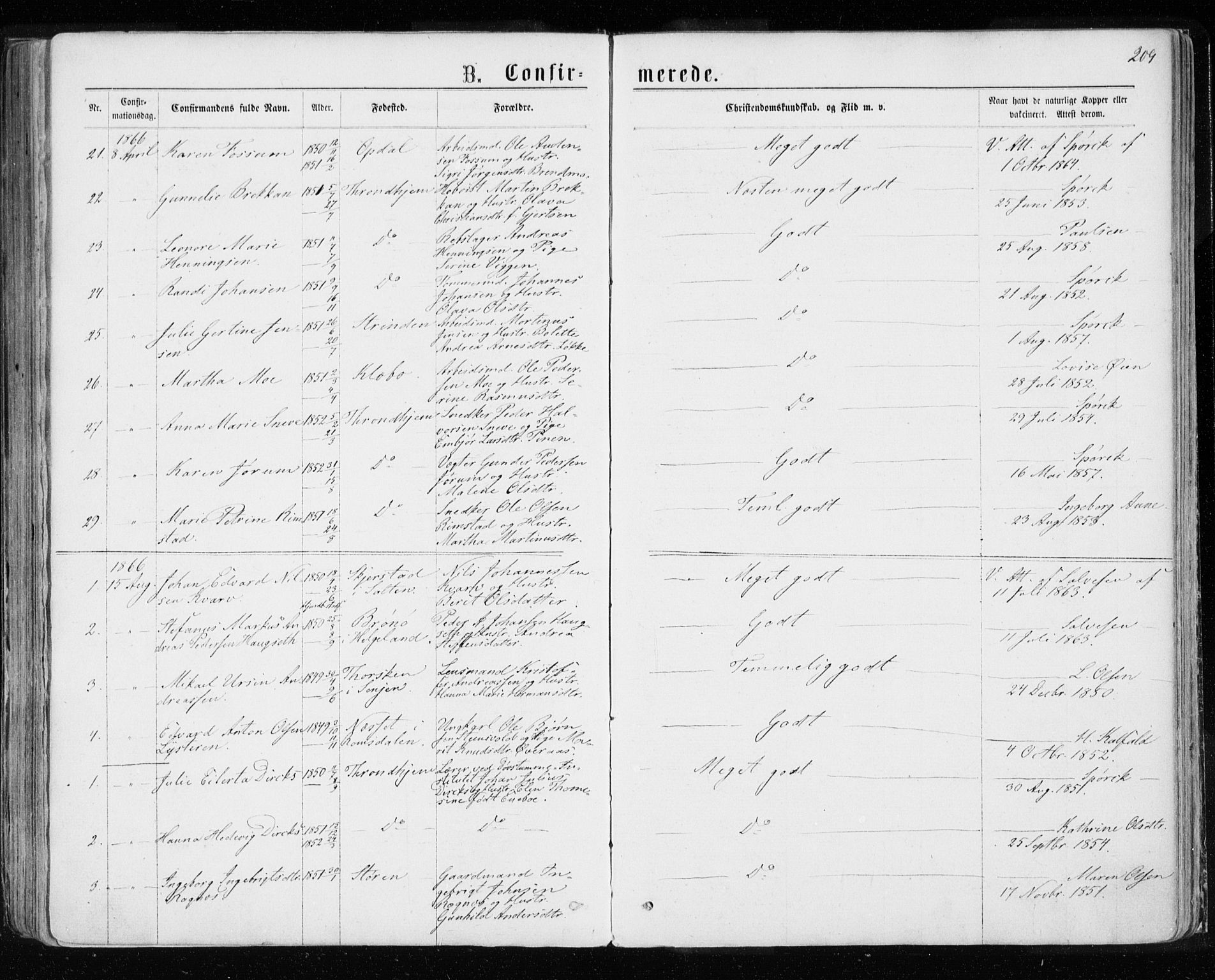 Ministerialprotokoller, klokkerbøker og fødselsregistre - Sør-Trøndelag, AV/SAT-A-1456/601/L0054: Parish register (official) no. 601A22, 1866-1877, p. 209