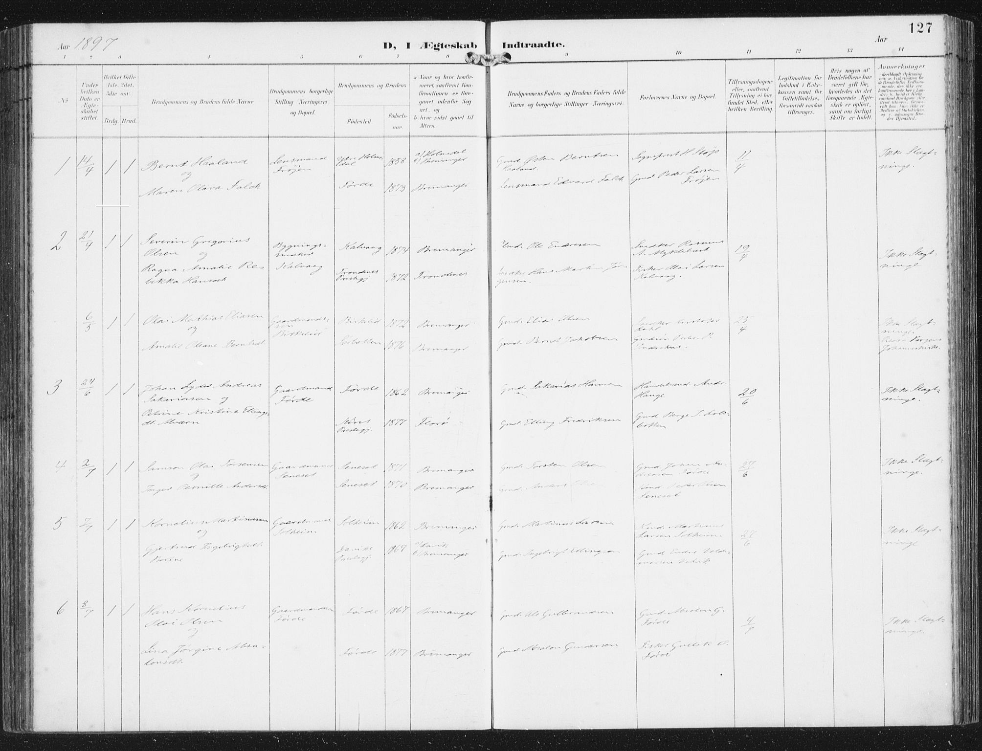 Bremanger sokneprestembete, SAB/A-82201/H/Haa/Haab/L0002: Parish register (official) no. B  2, 1896-1908, p. 127