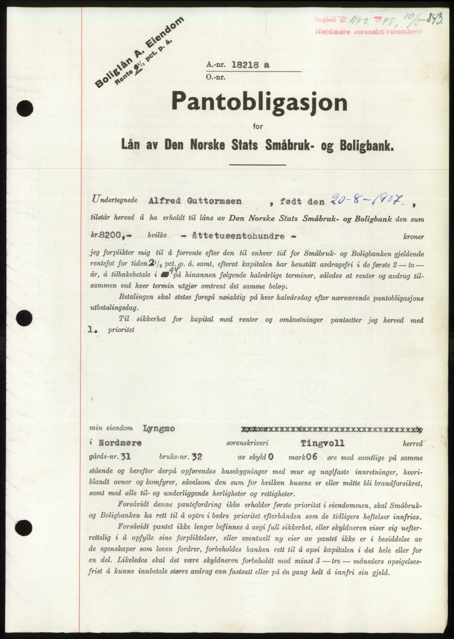 Nordmøre sorenskriveri, AV/SAT-A-4132/1/2/2Ca: Mortgage book no. B98, 1948-1948, Diary no: : 1142/1948