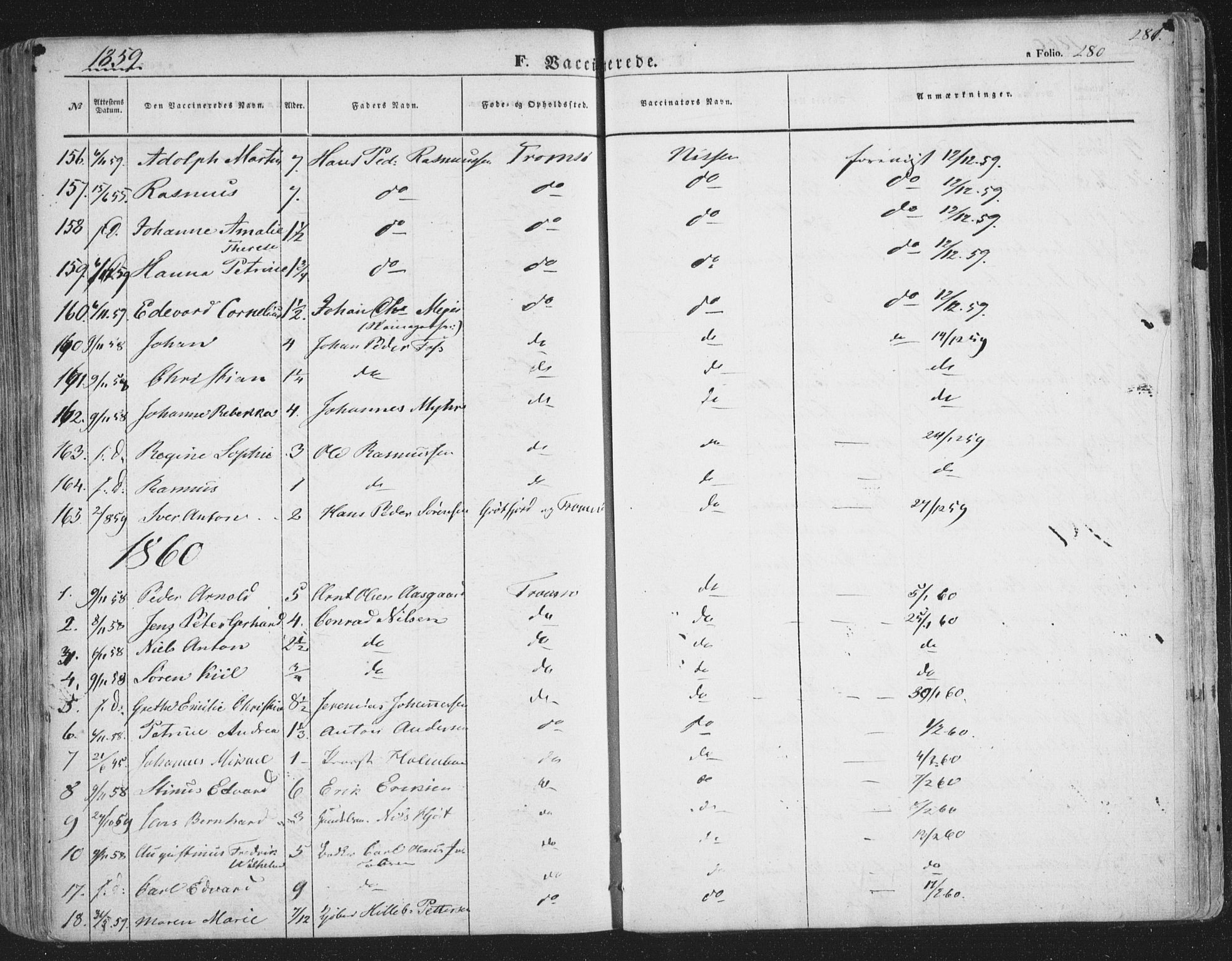 Tromsø sokneprestkontor/stiftsprosti/domprosti, SATØ/S-1343/G/Ga/L0011kirke: Parish register (official) no. 11, 1856-1865, p. 280