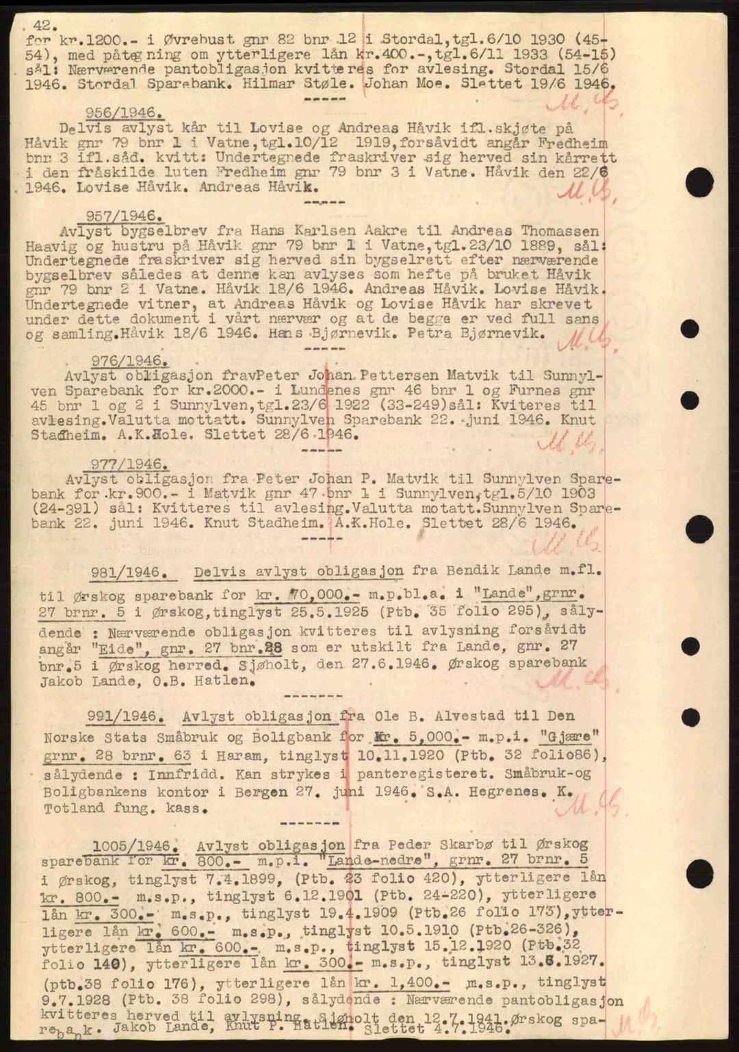 Nordre Sunnmøre sorenskriveri, SAT/A-0006/1/2/2C/2Ca: Mortgage book no. B6-14 a, 1942-1945, Diary no: : 956/1946