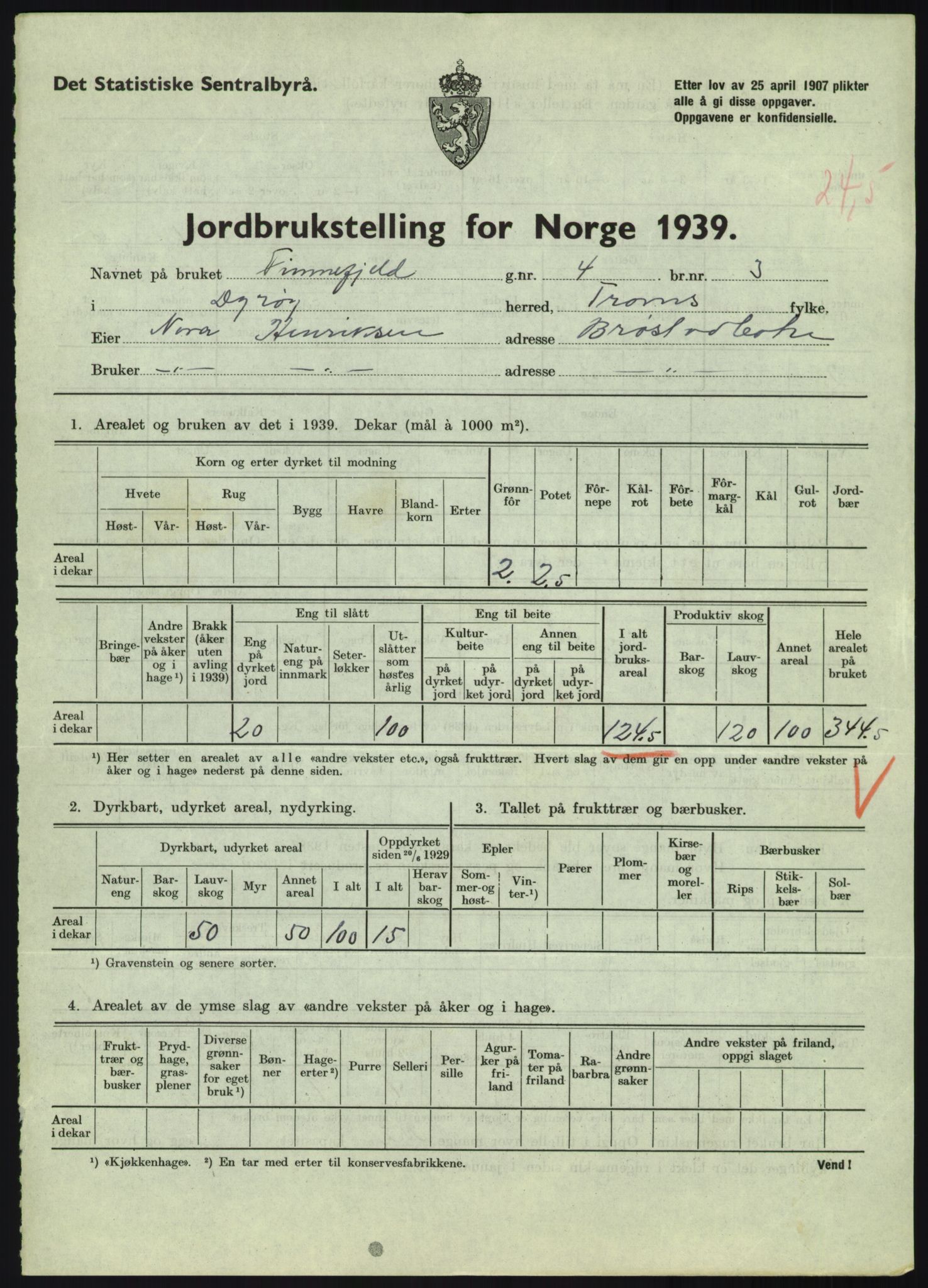 Statistisk sentralbyrå, Næringsøkonomiske emner, Jordbruk, skogbruk, jakt, fiske og fangst, AV/RA-S-2234/G/Gb/L0340: Troms: Salangen og Dyrøy, 1939, p. 1546