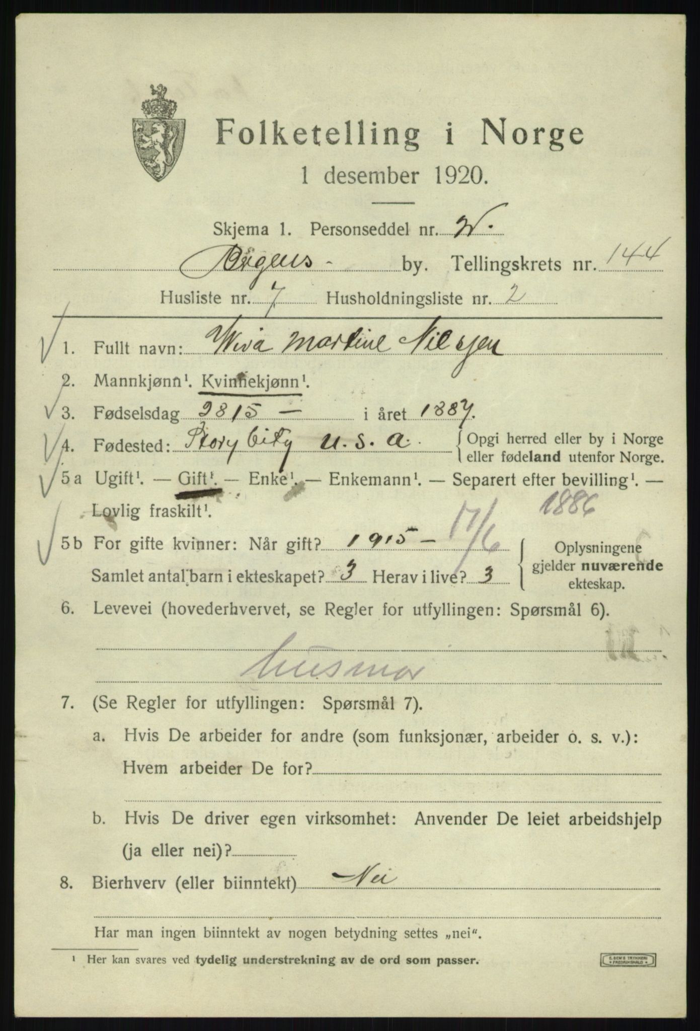 SAB, 1920 census for Bergen, 1920, p. 240828