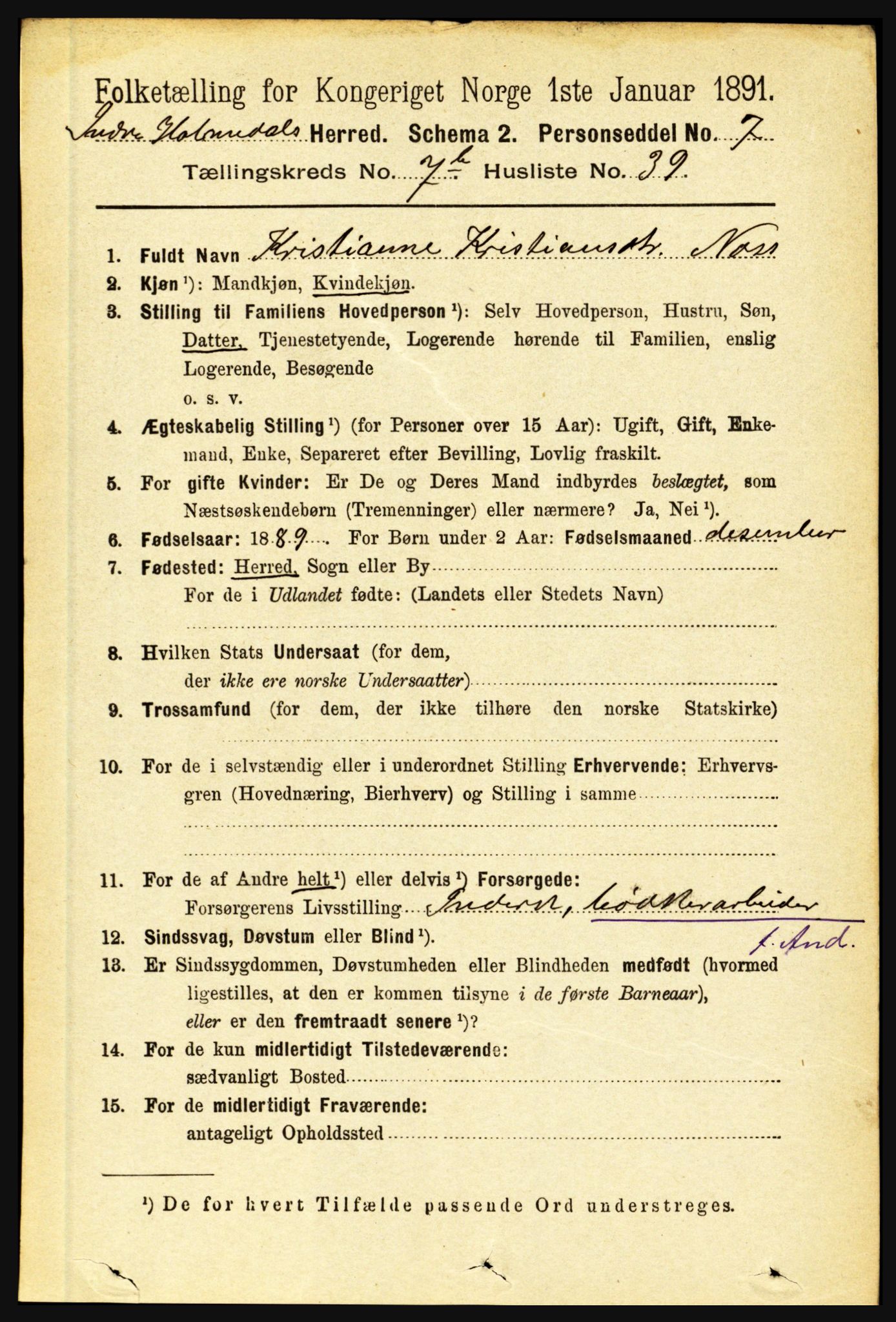 RA, 1891 census for 1430 Indre Holmedal, 1891, p. 3304