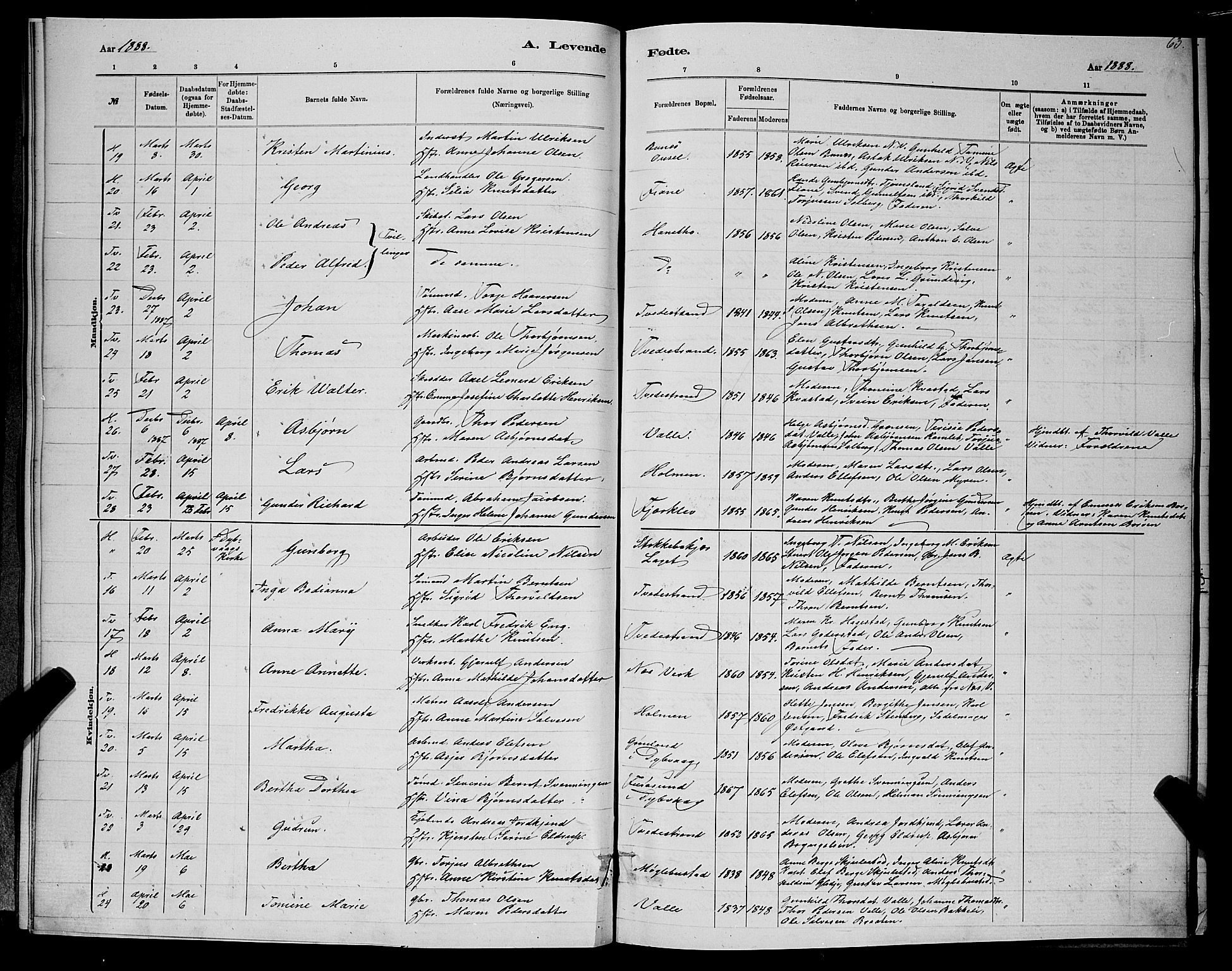 Holt sokneprestkontor, AV/SAK-1111-0021/F/Fb/L0010: Parish register (copy) no. B 10, 1883-1896, p. 63