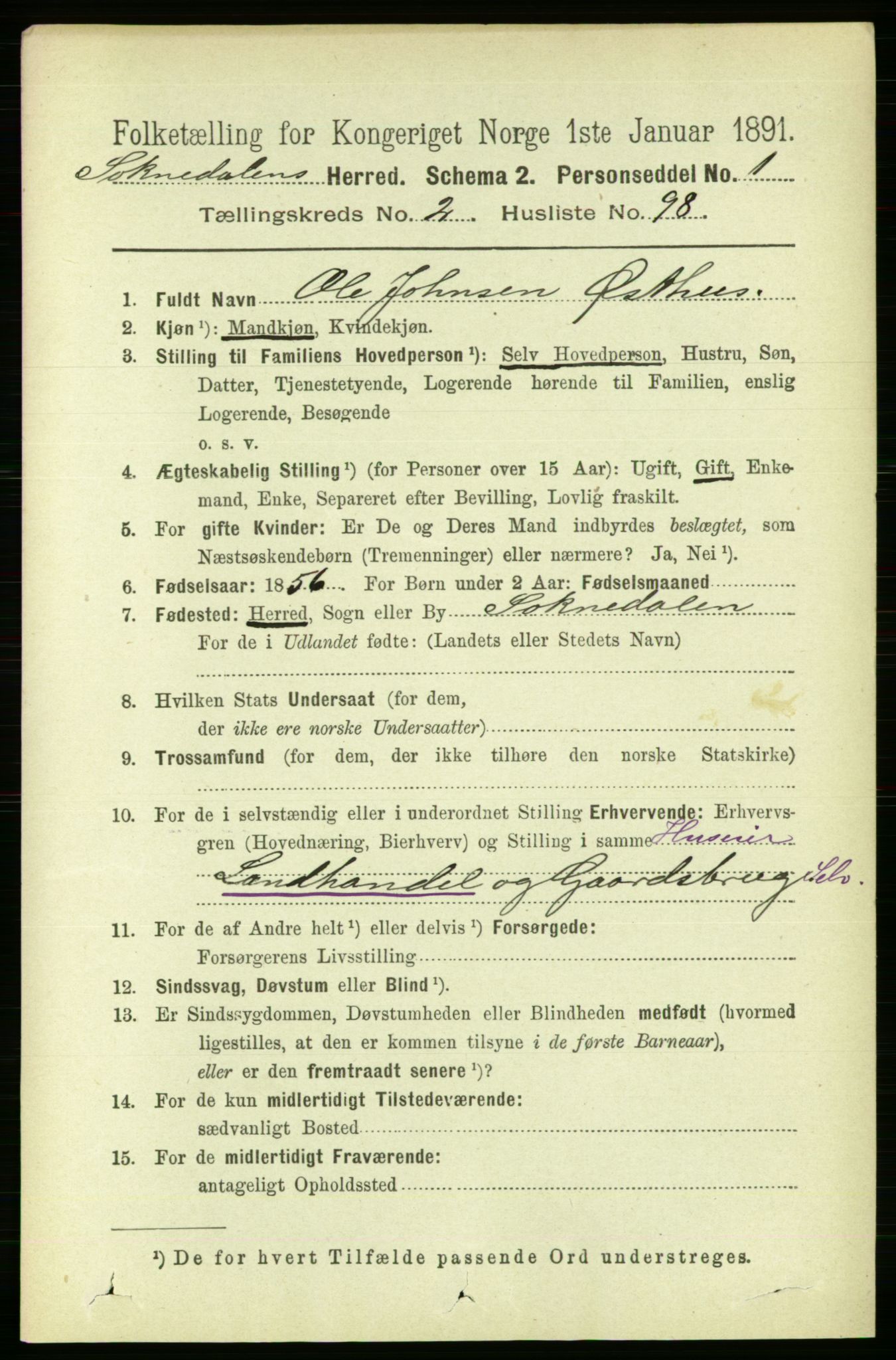 RA, 1891 census for 1649 Soknedal, 1891, p. 1085