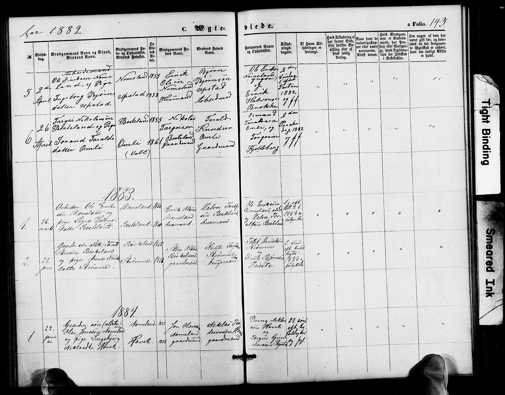Valle sokneprestkontor, AV/SAK-1111-0044/F/Fb/Fbb/L0002: Parish register (copy) no. B 2, 1875-1921, p. 143