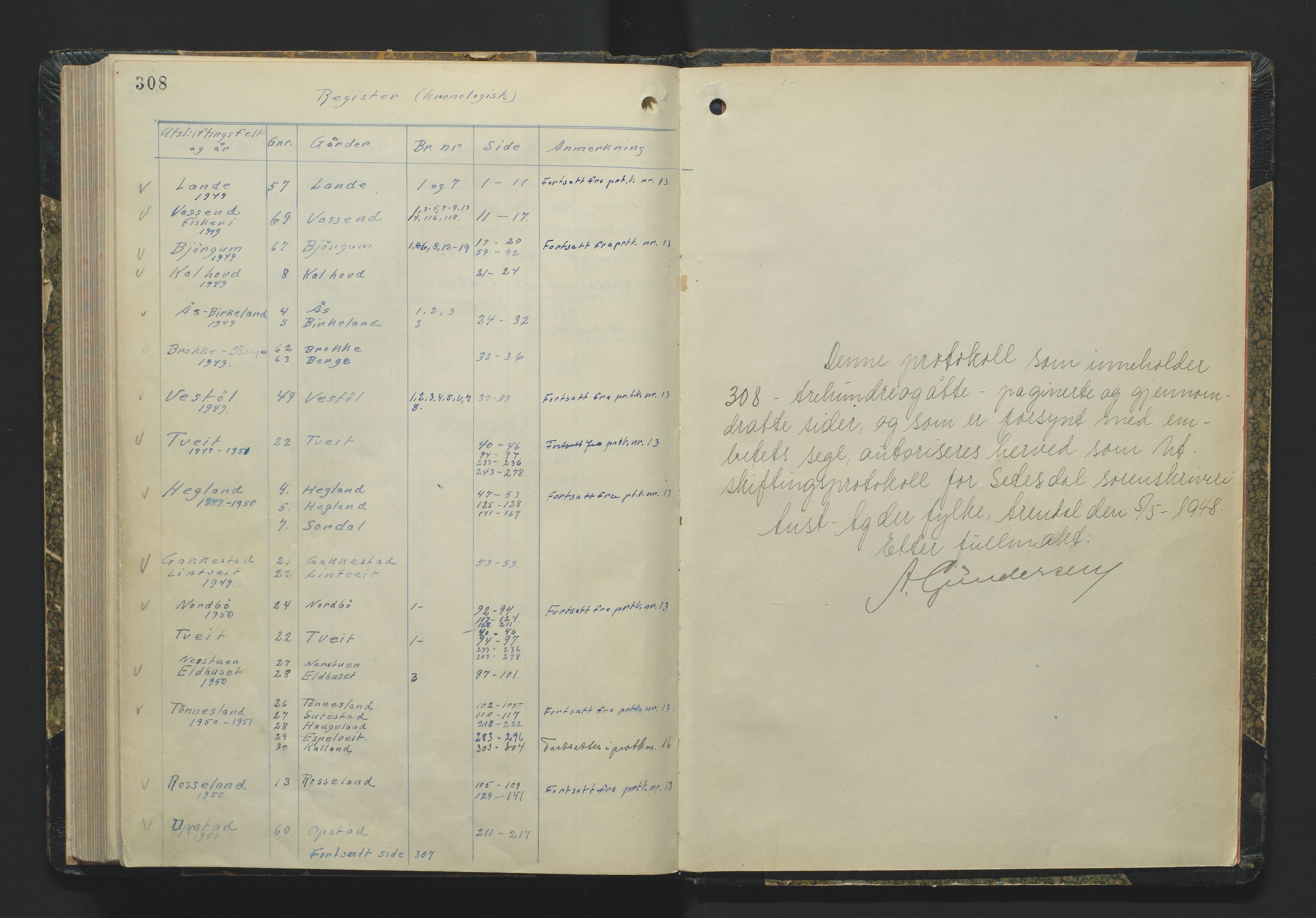 Utskiftningsformannen i Nedenes amt, AV/SAK-1541-0002/F/Fa/Fac/L0015: Jordskifteprotokoll med register, Setesdal domssokn nr 15, 1949-1952, p. 308