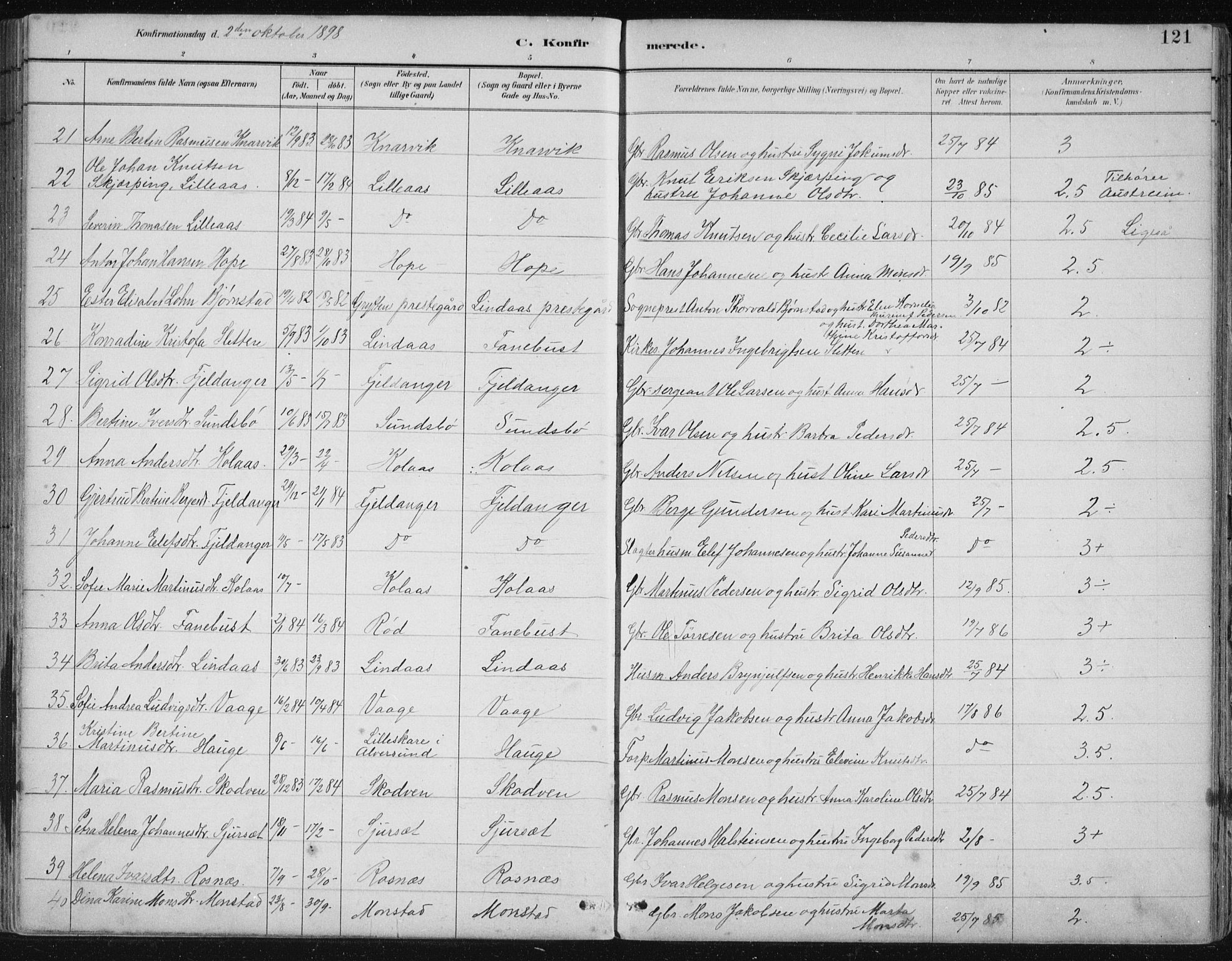 Lindås Sokneprestembete, AV/SAB-A-76701/H/Hab/Habb/L0003: Parish register (copy) no. B 3, 1886-1914, p. 121