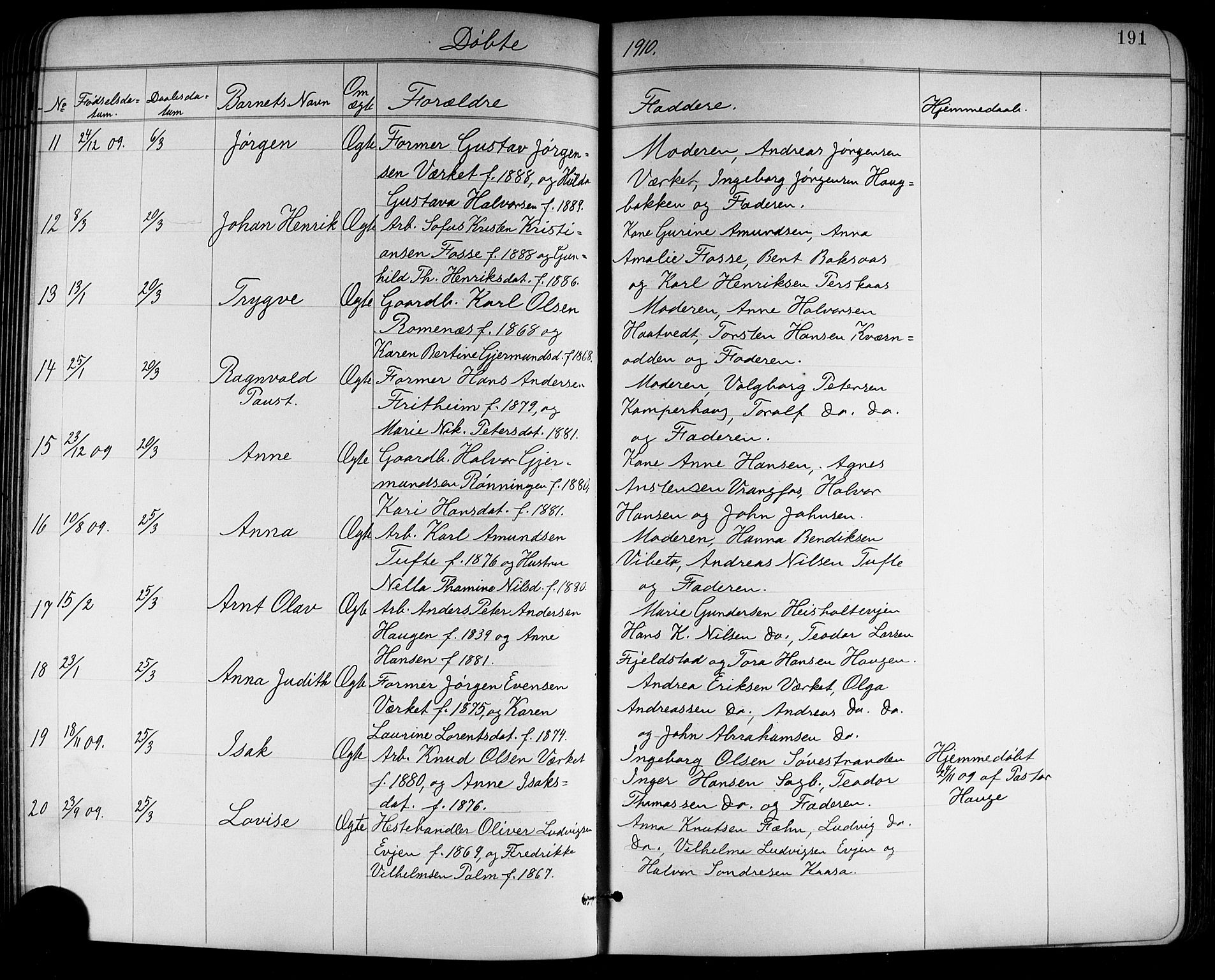 Holla kirkebøker, SAKO/A-272/G/Ga/L0005: Parish register (copy) no. I 5, 1891-1917, p. 191