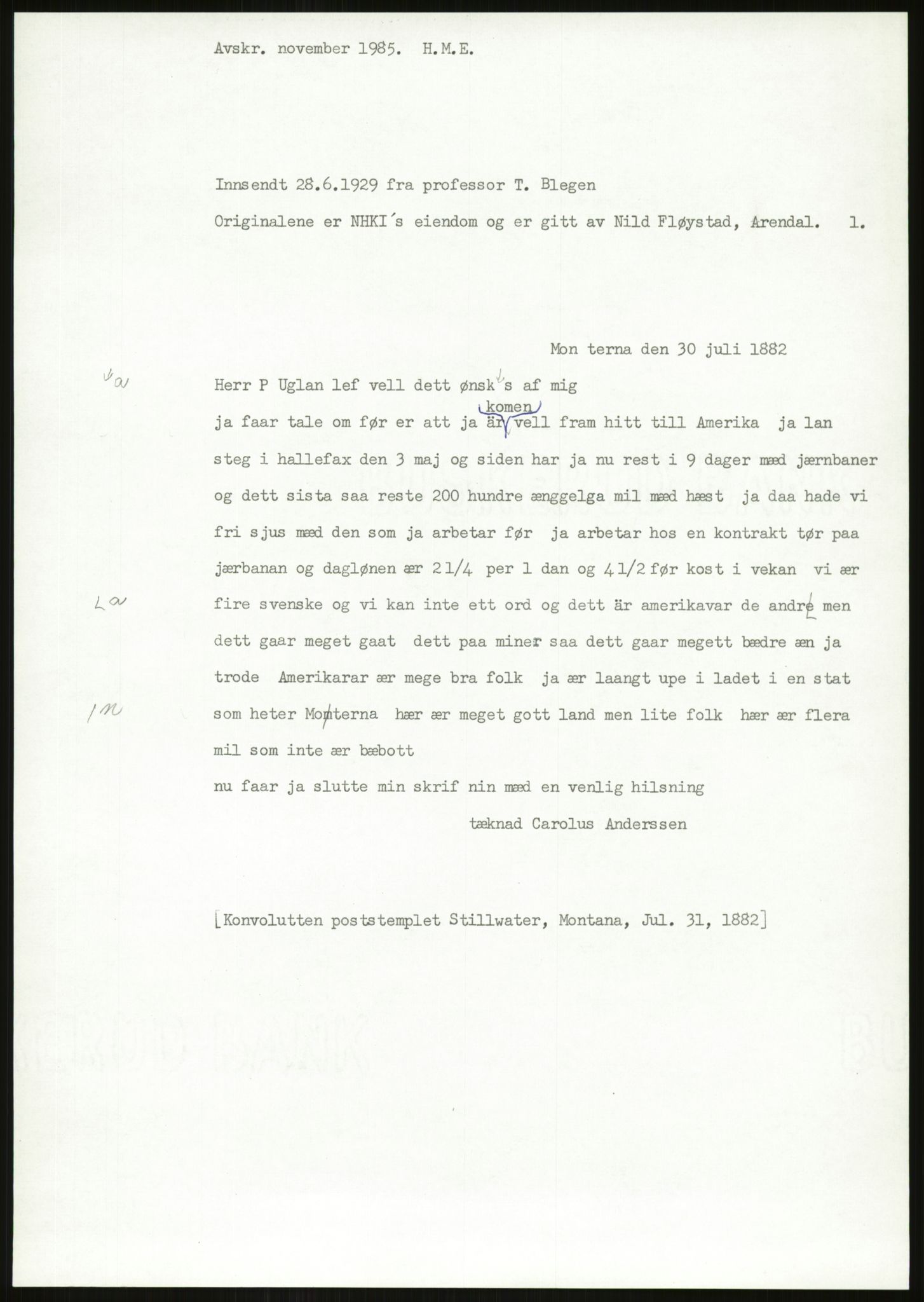 Samlinger til kildeutgivelse, Amerikabrevene, AV/RA-EA-4057/F/L0026: Innlån fra Aust-Agder: Aust-Agder-Arkivet - Erickson, 1838-1914, p. 907