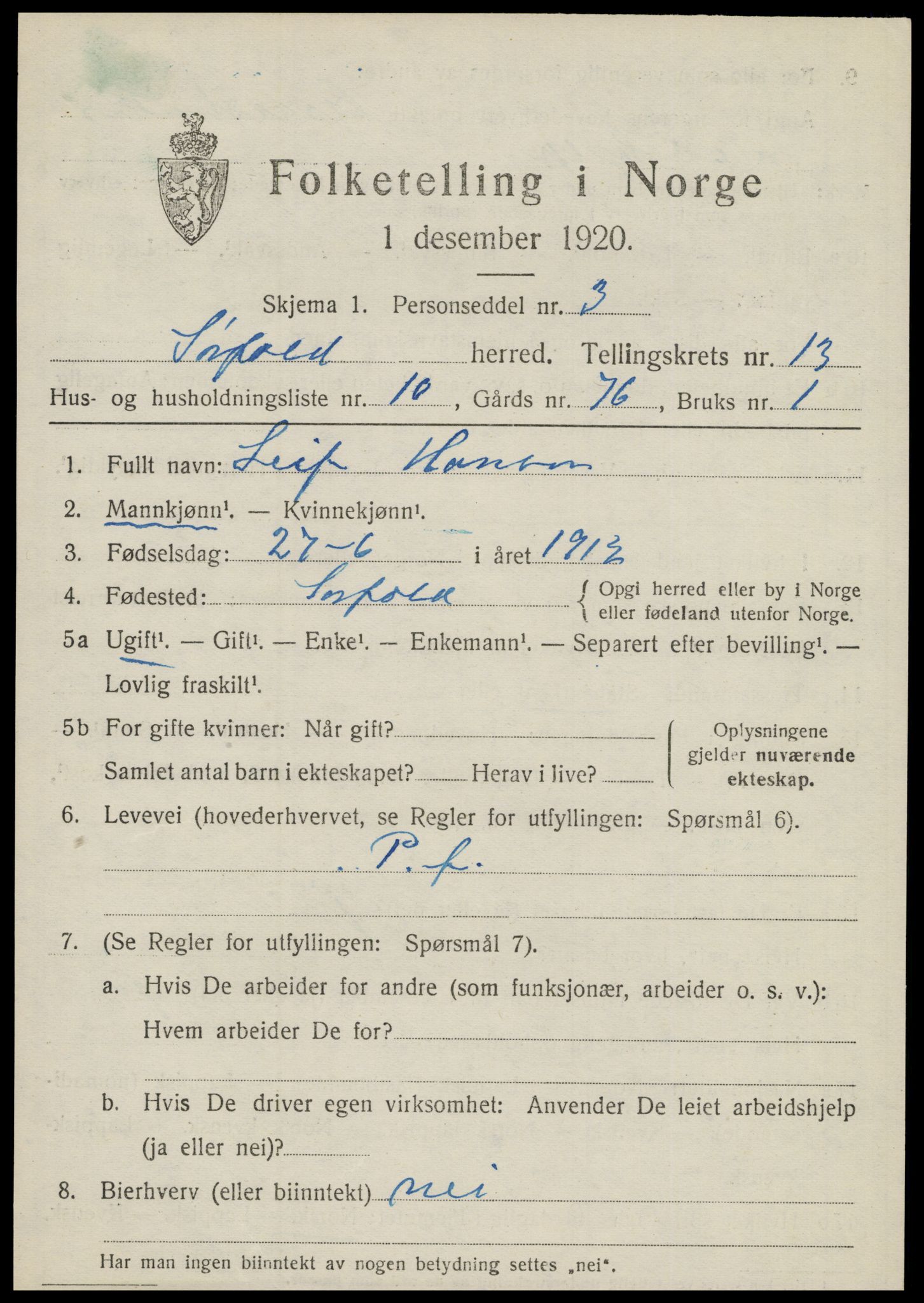 SAT, 1920 census for Sørfold, 1920, p. 6567