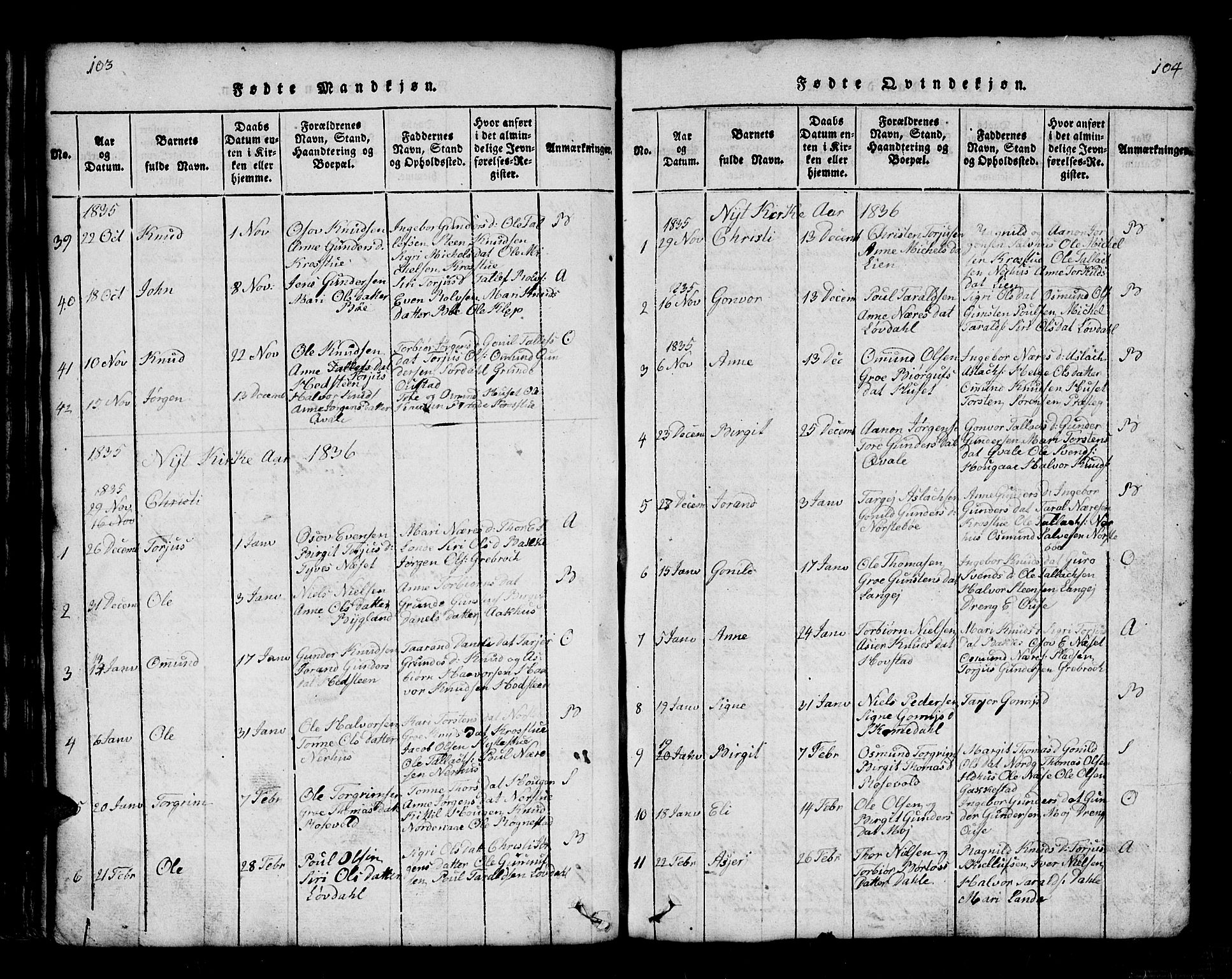Bygland sokneprestkontor, SAK/1111-0006/F/Fb/Fbb/L0001: Parish register (copy) no. B 1, 1816-1843, p. 104-105