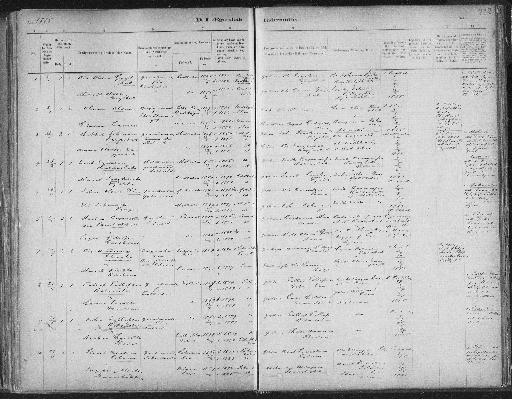 Ministerialprotokoller, klokkerbøker og fødselsregistre - Sør-Trøndelag, SAT/A-1456/603/L0162: Parish register (official) no. 603A01, 1879-1895, p. 212