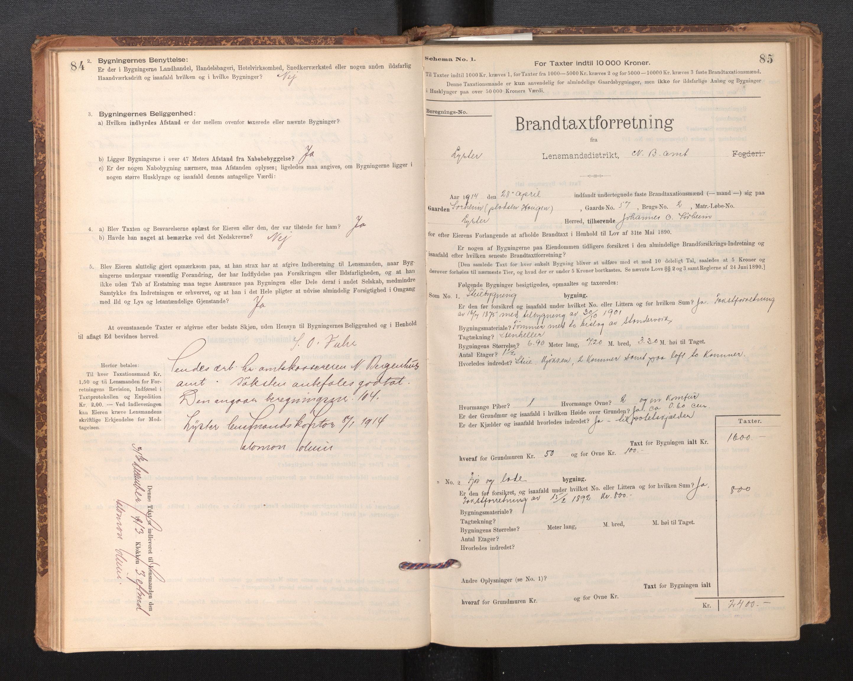 Lensmannen i Luster, SAB/A-29301/0012/L0007: Branntakstprotokoll, skjematakst, 1895-1935, p. 84-85
