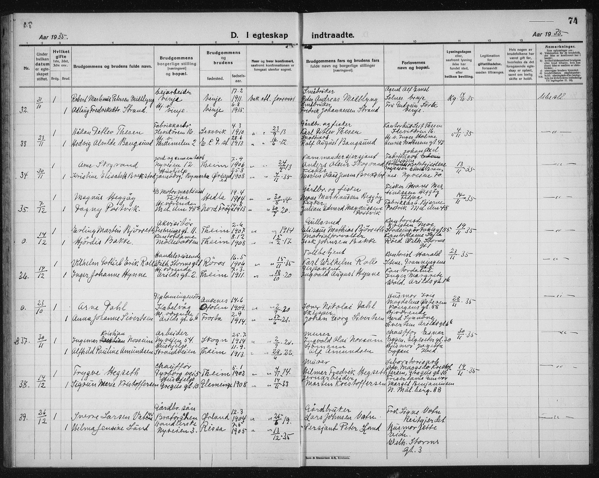 Ministerialprotokoller, klokkerbøker og fødselsregistre - Sør-Trøndelag, SAT/A-1456/603/L0176: Parish register (copy) no. 603C04, 1923-1941, p. 74