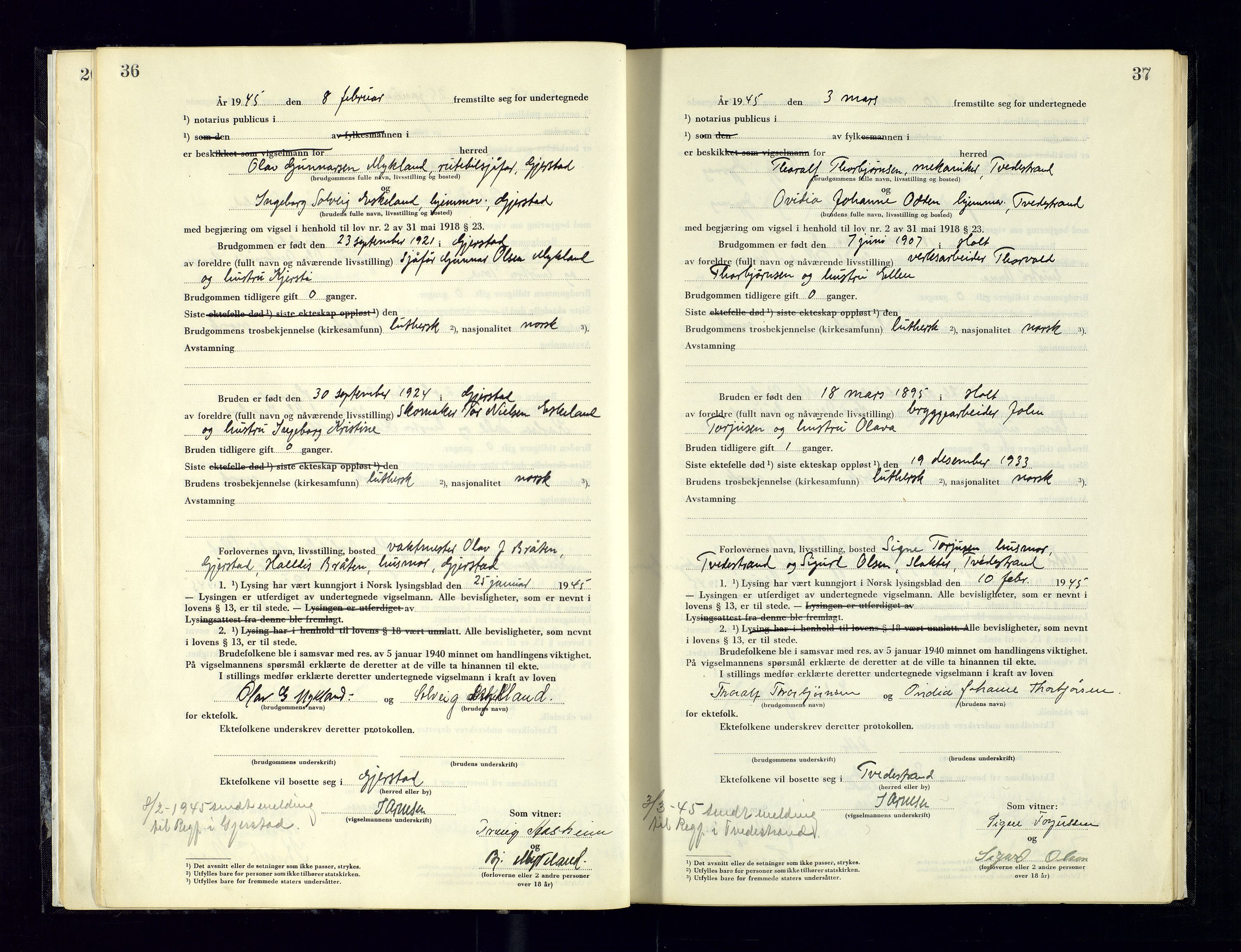 Holt sorenskriveri, AV/SAK-1221-0002/L/Ld/L0003: Vigselbok nr. 2, 1944-1964, p. 36-37