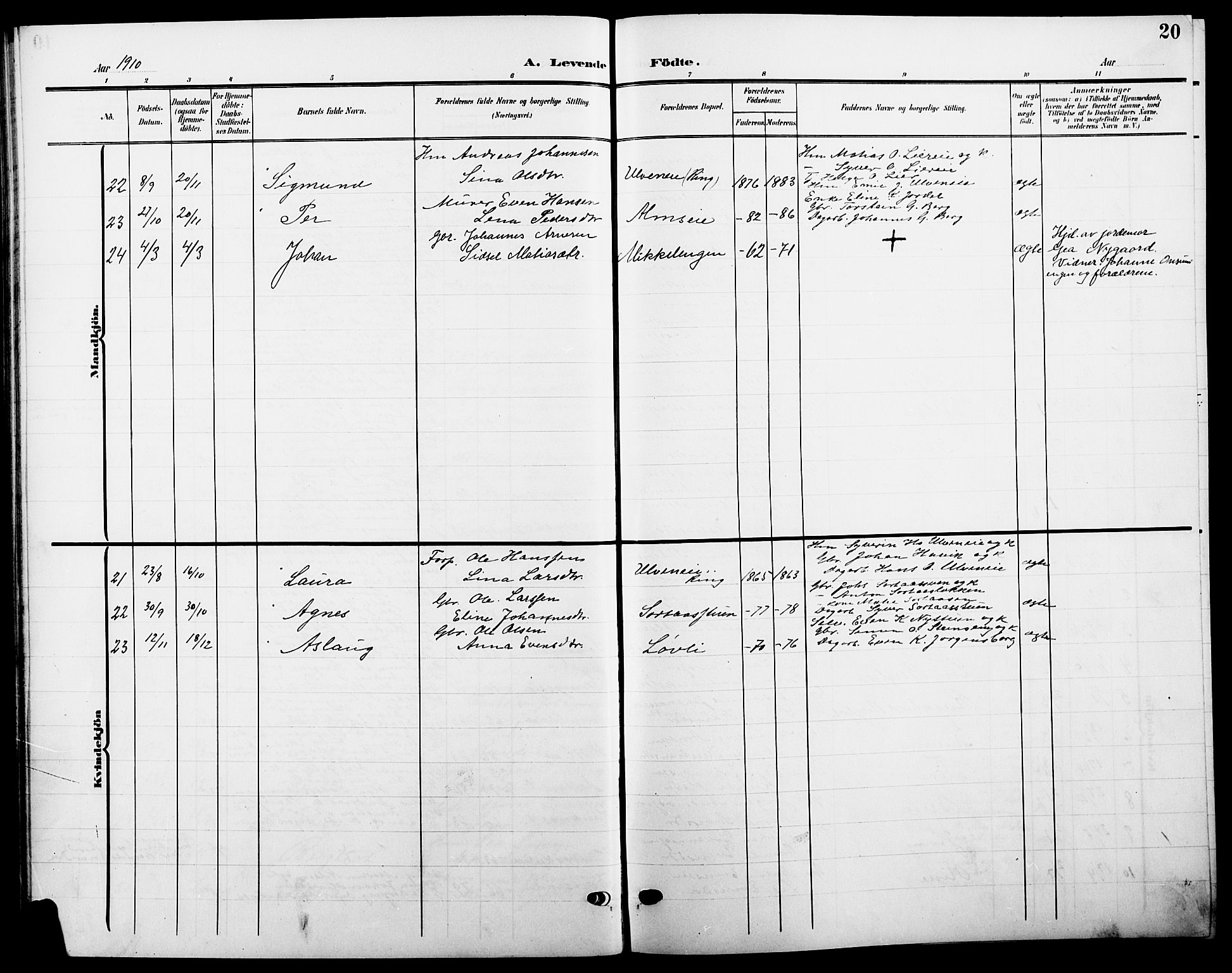 Ringsaker prestekontor, SAH/PREST-014/L/La/L0016: Parish register (copy) no. 16, 1905-1920, p. 20