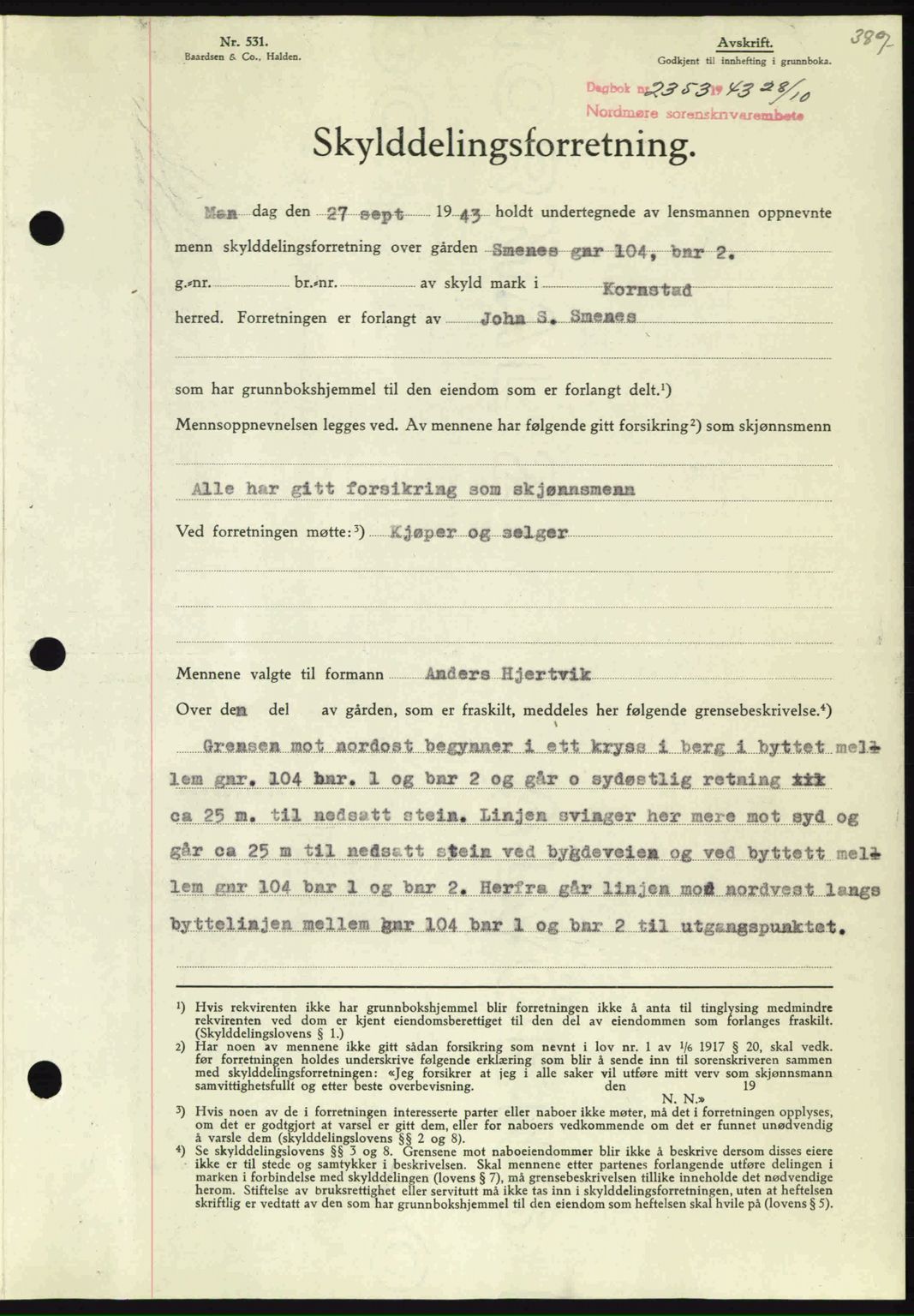 Nordmøre sorenskriveri, SAT/A-4132/1/2/2Ca: Mortgage book no. A96, 1943-1944, Diary no: : 2353/1943