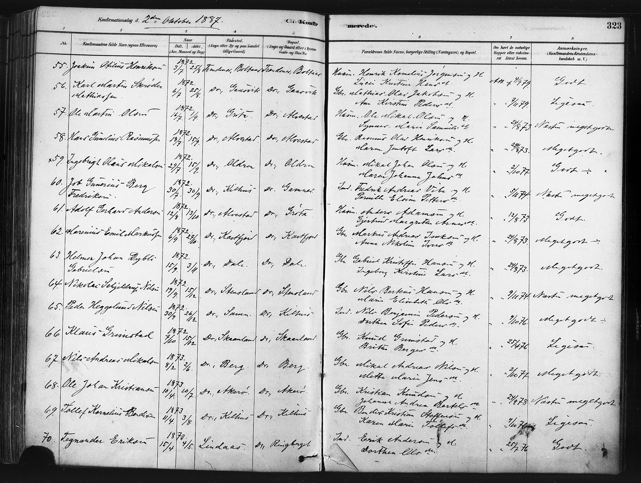 Trondenes sokneprestkontor, AV/SATØ-S-1319/H/Ha/L0014kirke: Parish register (official) no. 14, 1878-1889, p. 323