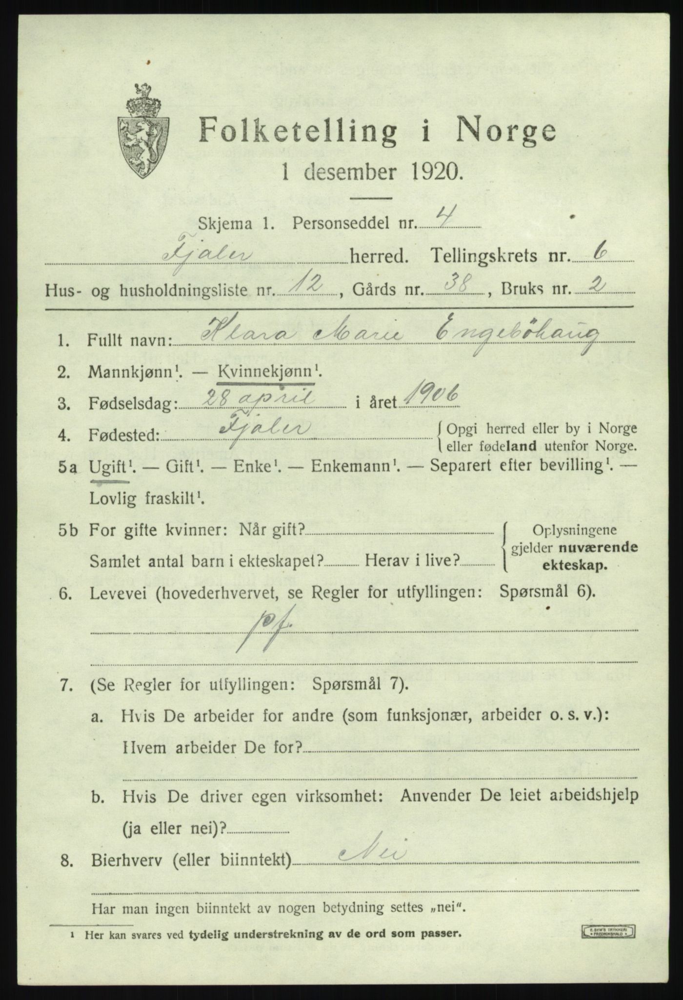 SAB, 1920 census for Fjaler, 1920, p. 3883