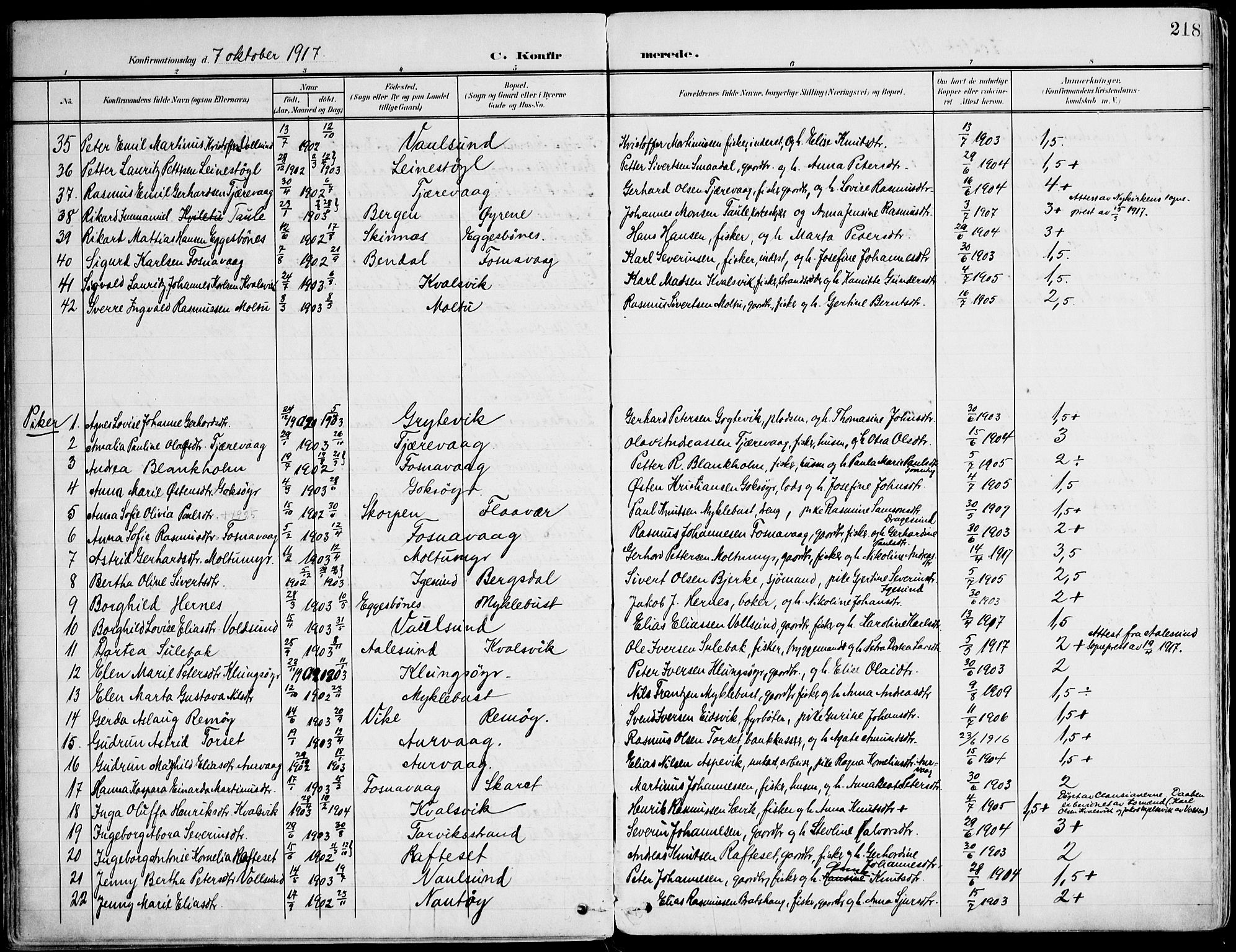 Ministerialprotokoller, klokkerbøker og fødselsregistre - Møre og Romsdal, SAT/A-1454/507/L0075: Parish register (official) no. 507A10, 1901-1920, p. 218