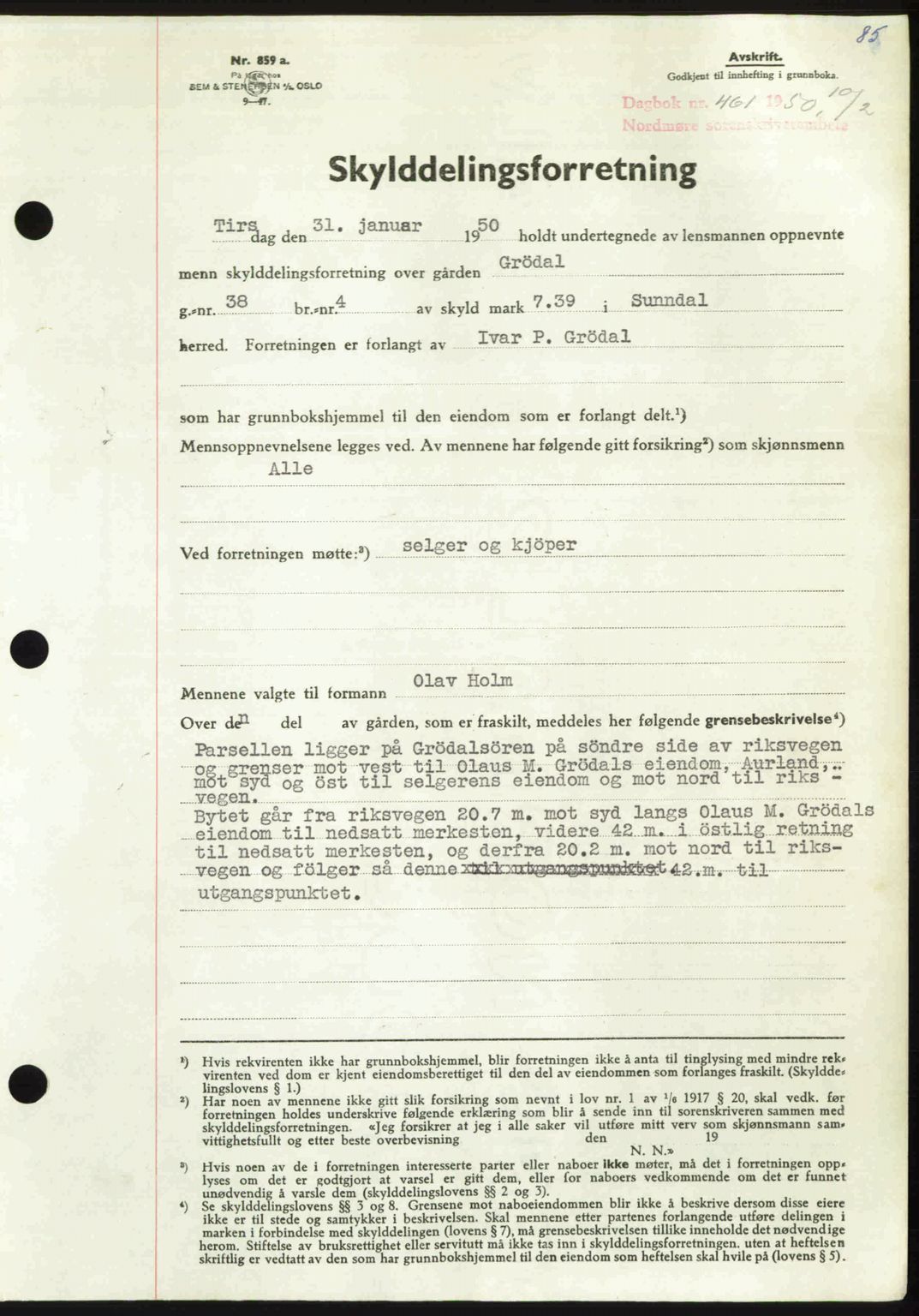 Nordmøre sorenskriveri, AV/SAT-A-4132/1/2/2Ca: Mortgage book no. A114, 1950-1950, Diary no: : 461/1950