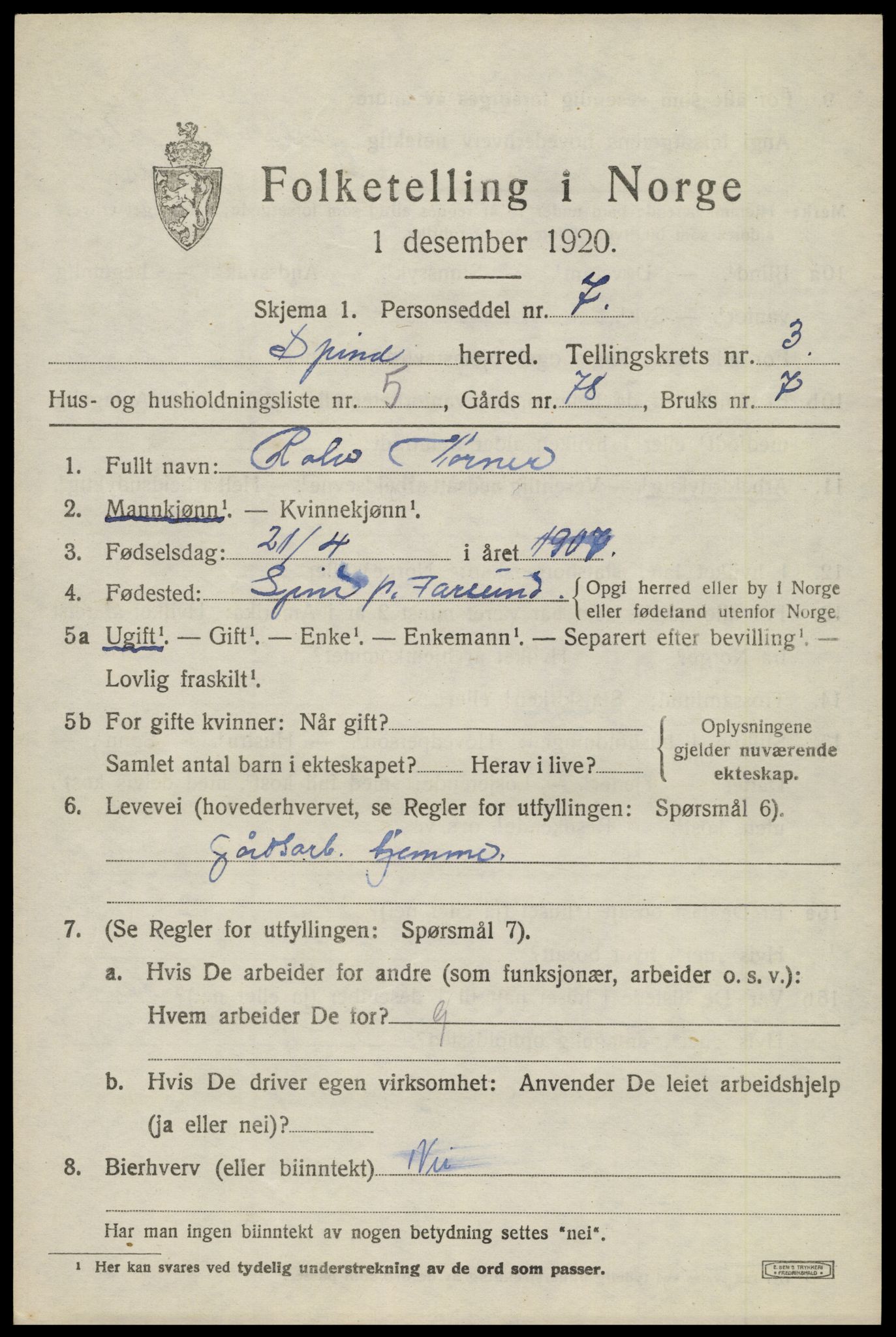 SAK, 1920 census for Spind, 1920, p. 1673