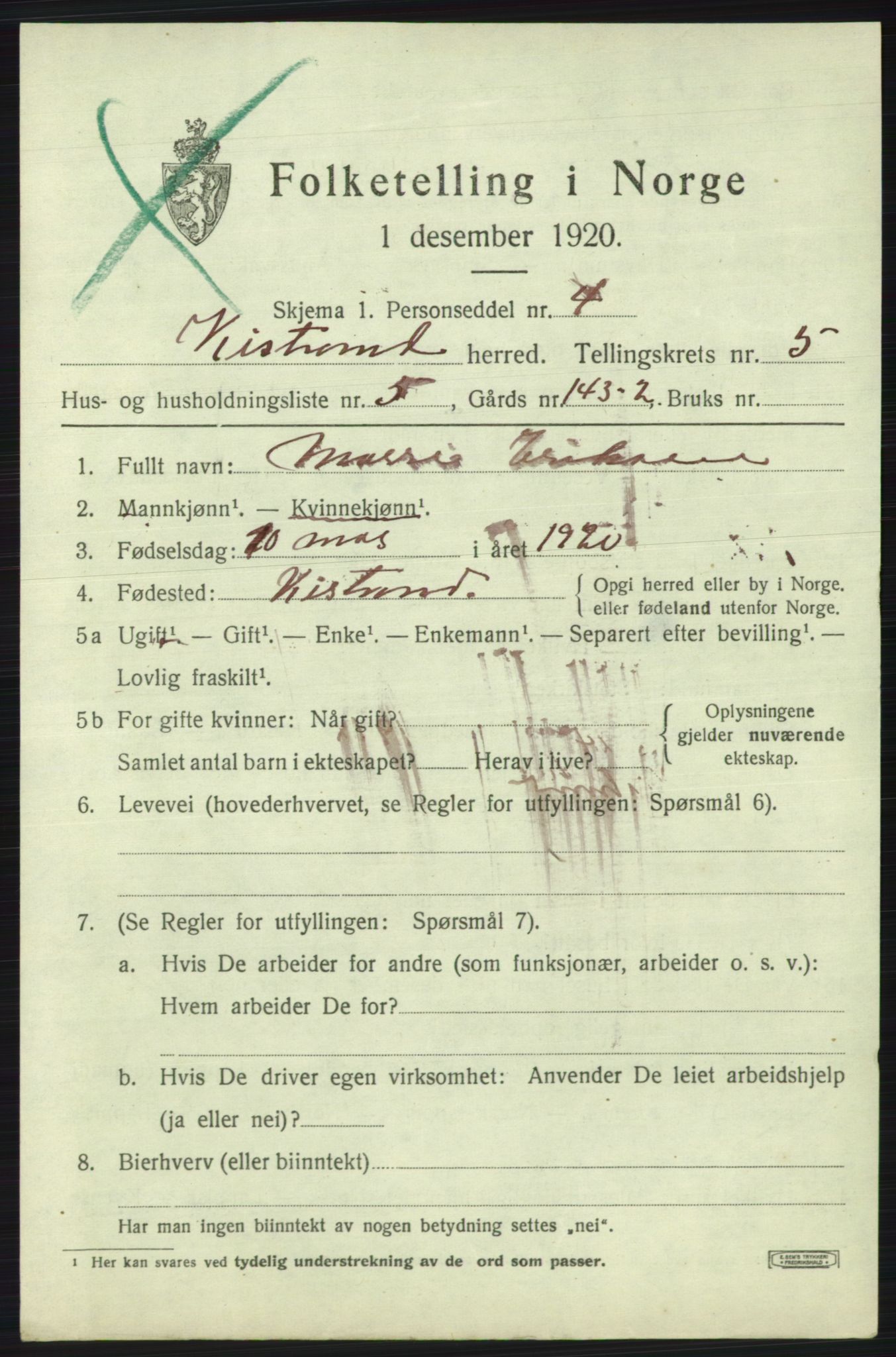 SATØ, 1920 census for Kistrand, 1920, p. 3122