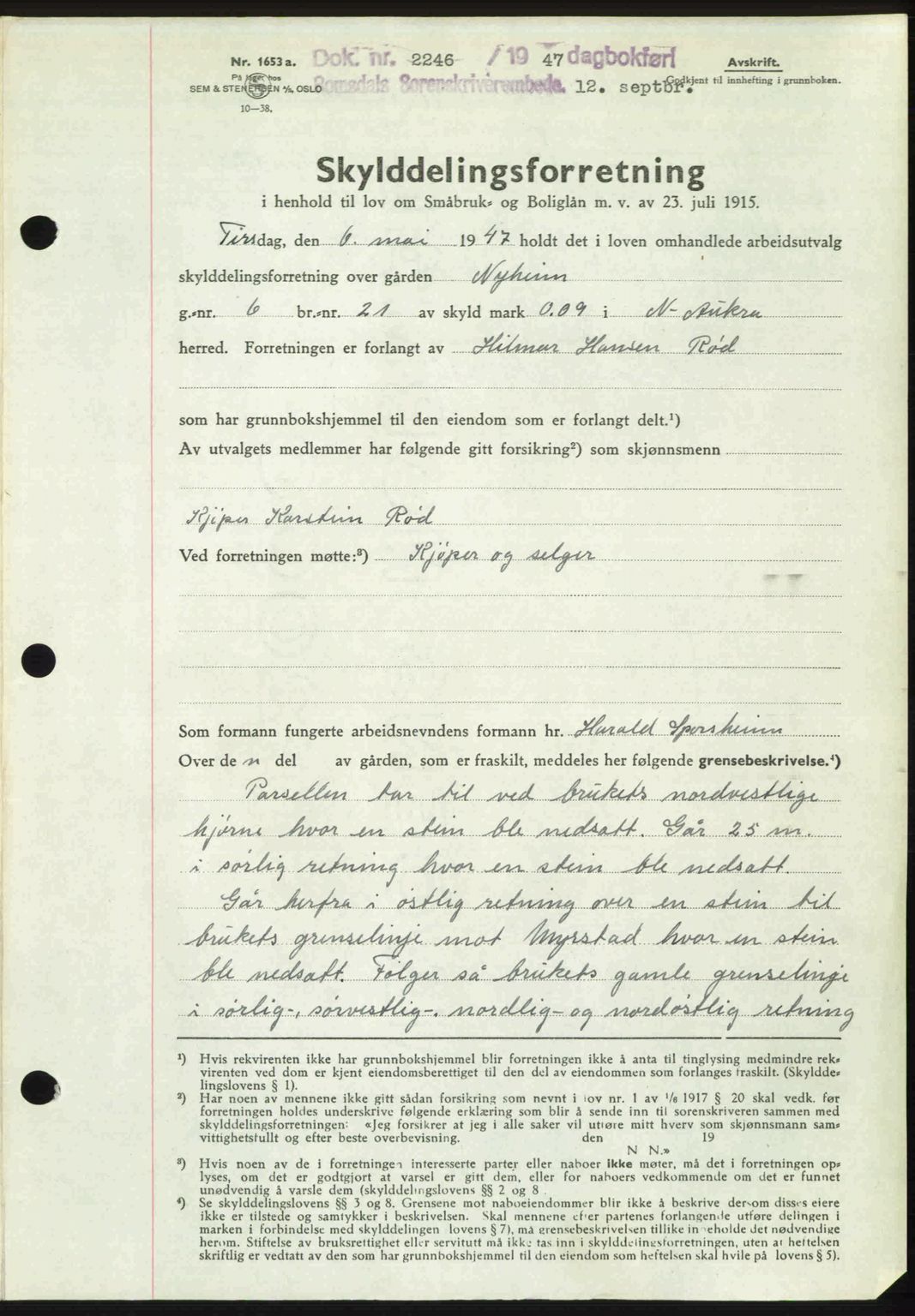 Romsdal sorenskriveri, AV/SAT-A-4149/1/2/2C: Mortgage book no. A24, 1947-1947, Diary no: : 2246/1947