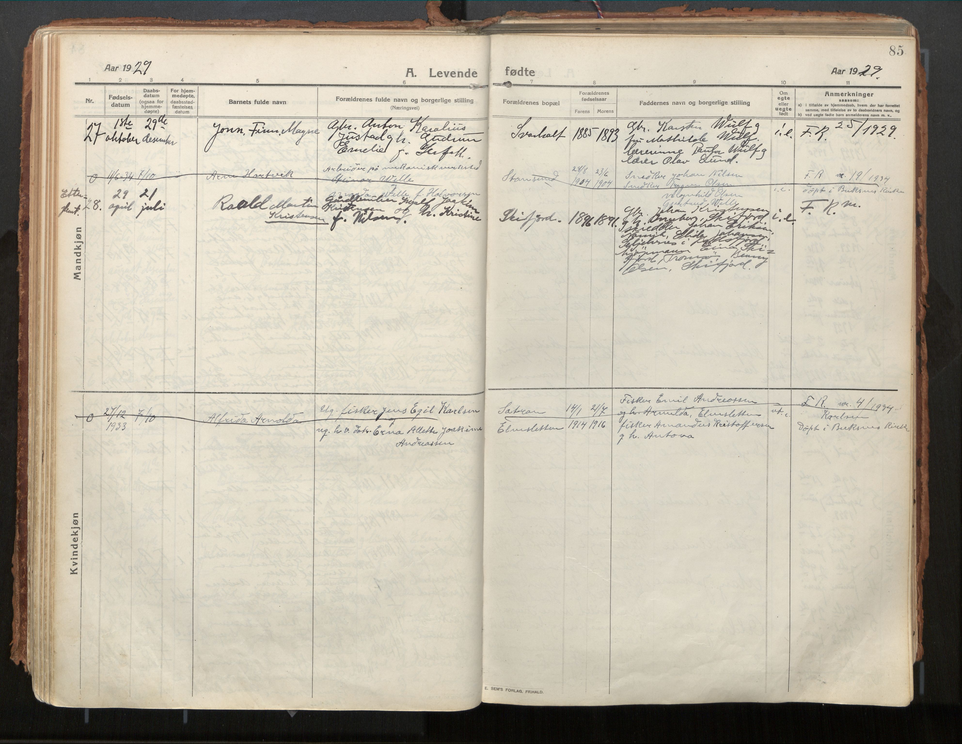 Ministerialprotokoller, klokkerbøker og fødselsregistre - Nordland, AV/SAT-A-1459/882/L1181: Parish register (official) no. 882A03, 1913-1937, p. 85