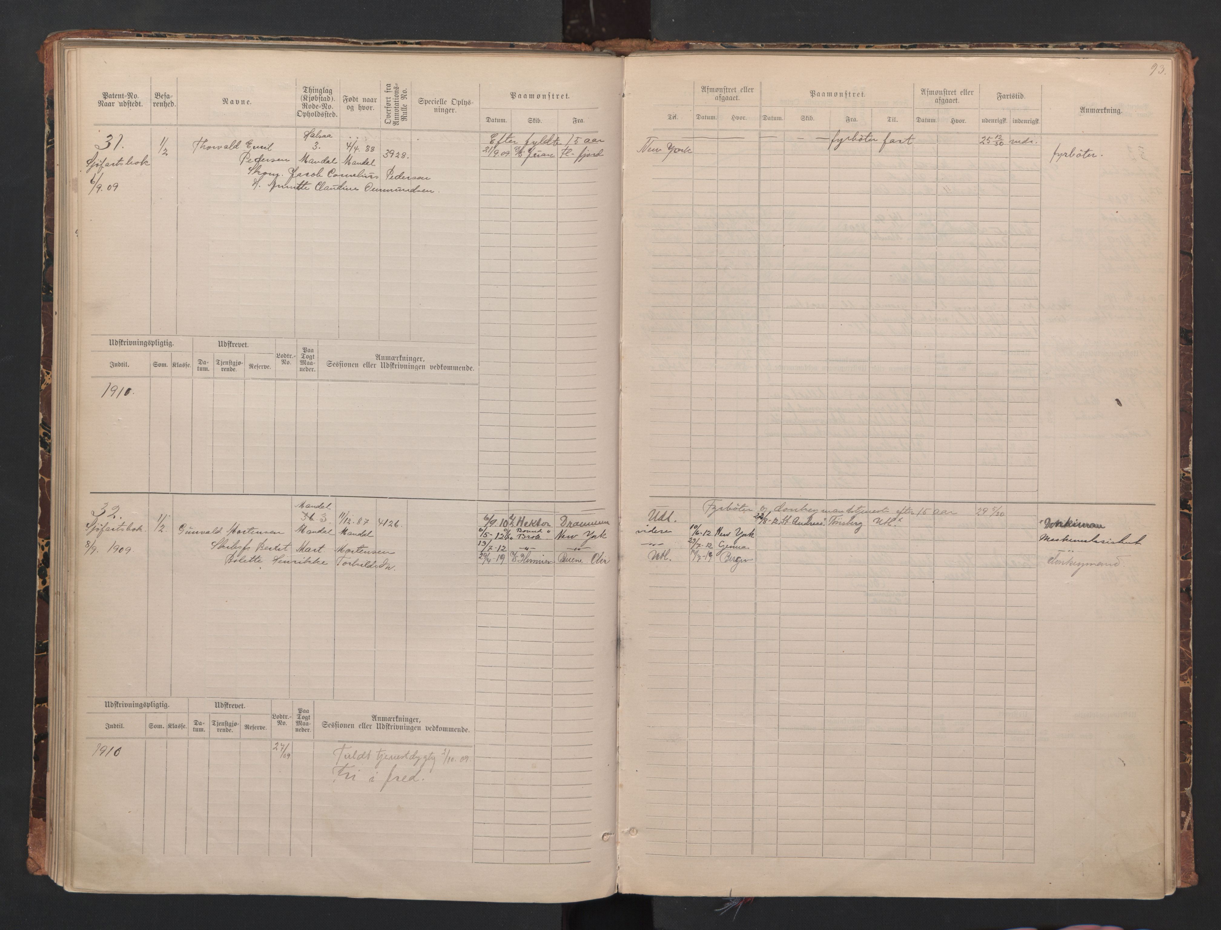 Mandal mønstringskrets, AV/SAK-2031-0016/F/Fa/L0008: Annotasjonsrulle nr 1-3, hovedrulle nr 1-122, maskinister og fyrbøtere, med register, Y-18, 1883-1948, p. 46