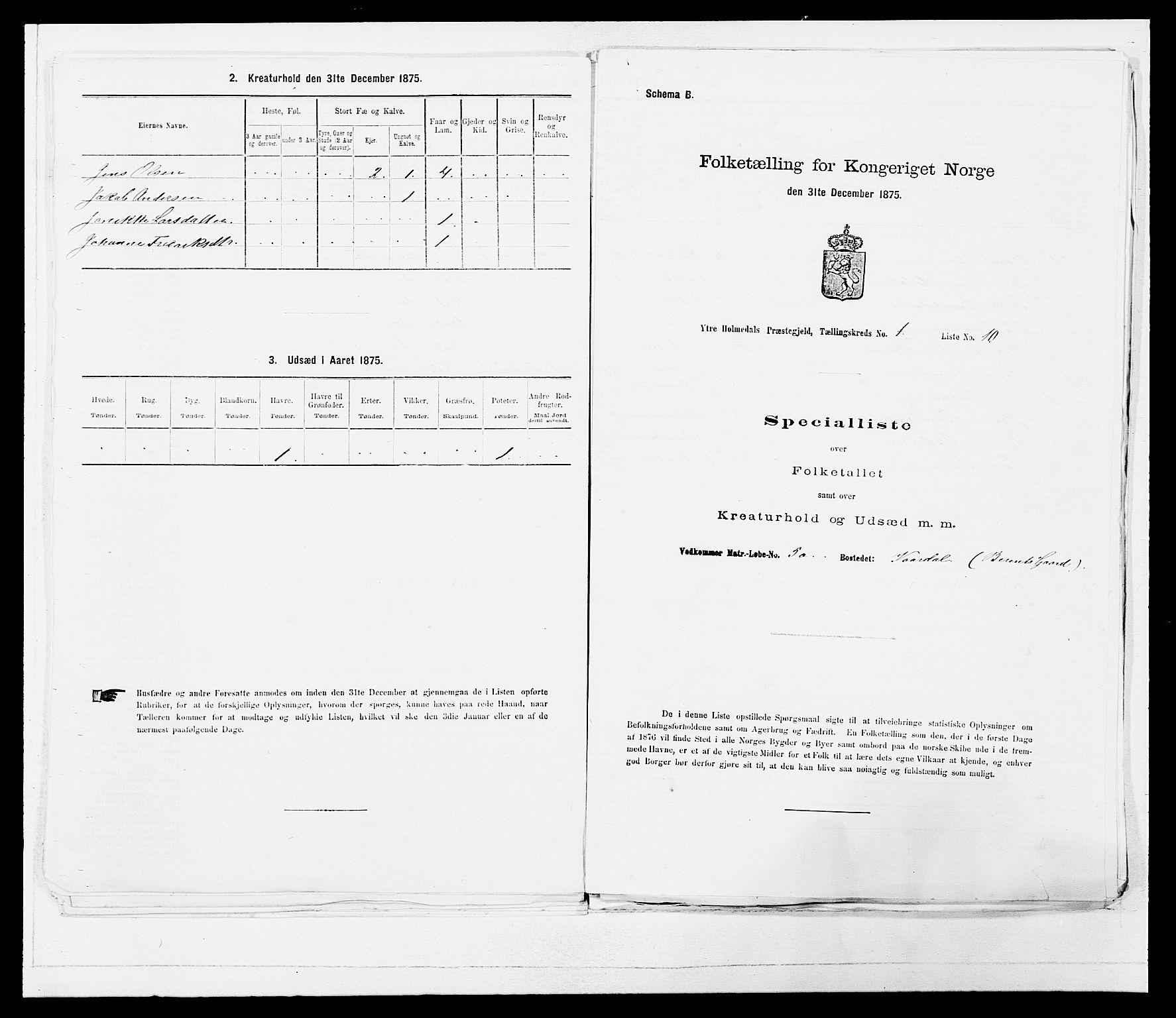 SAB, 1875 census for 1429P Ytre Holmedal, 1875, p. 67