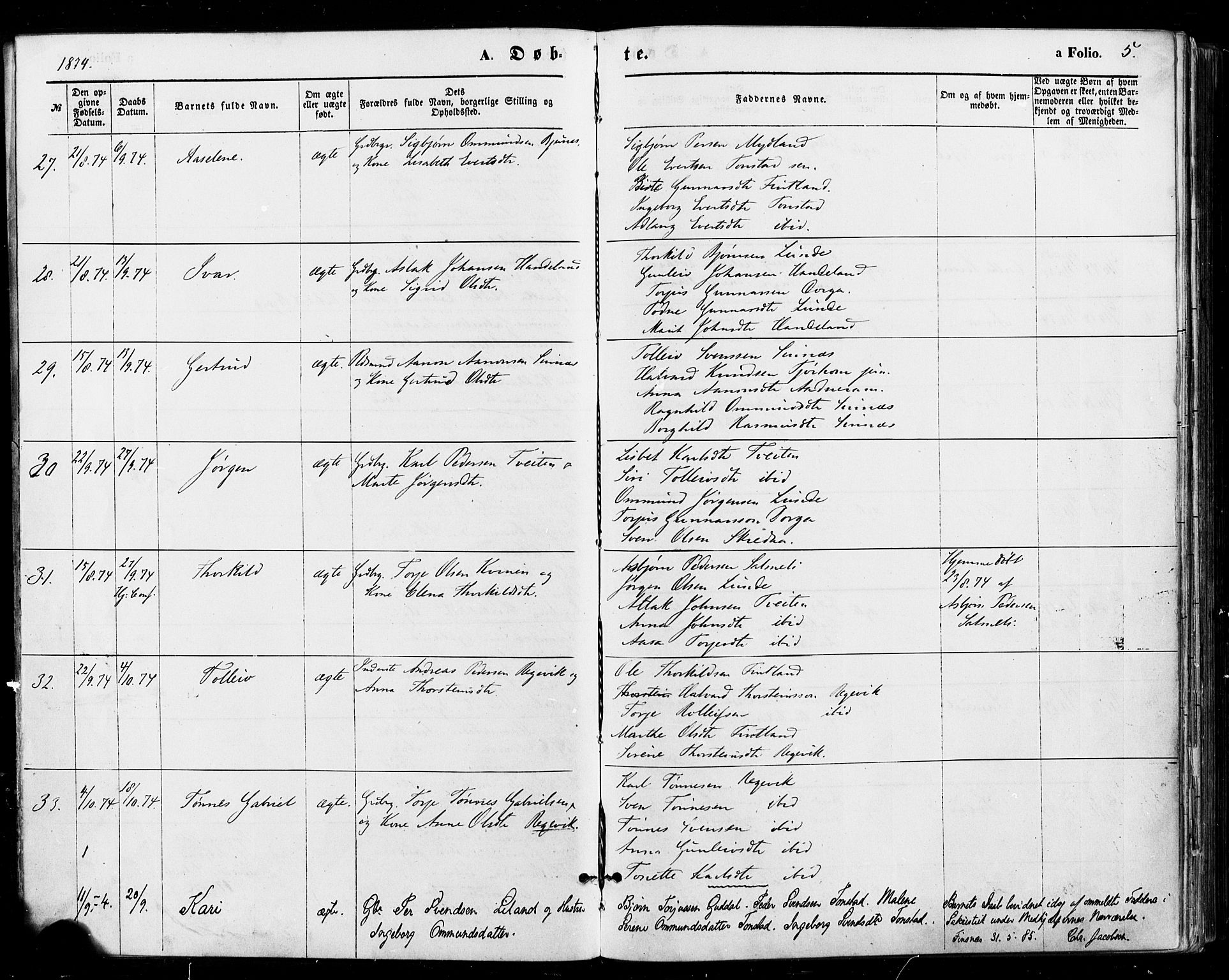 Sirdal sokneprestkontor, AV/SAK-1111-0036/F/Fa/Fab/L0003: Parish register (official) no. A 3, 1874-1886, p. 5