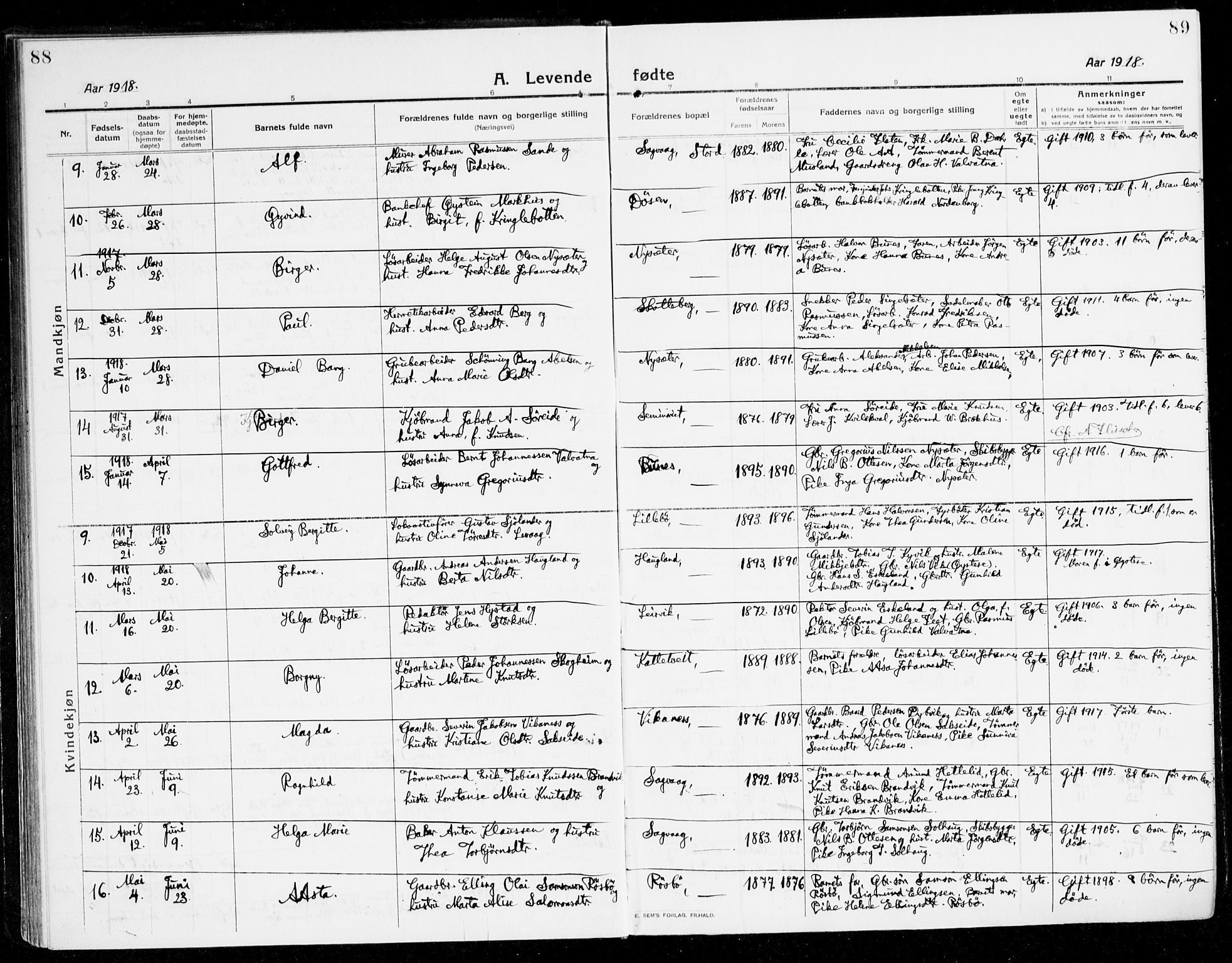 Stord sokneprestembete, AV/SAB-A-78201/H/Haa: Parish register (official) no. B 3, 1913-1925, p. 88-89