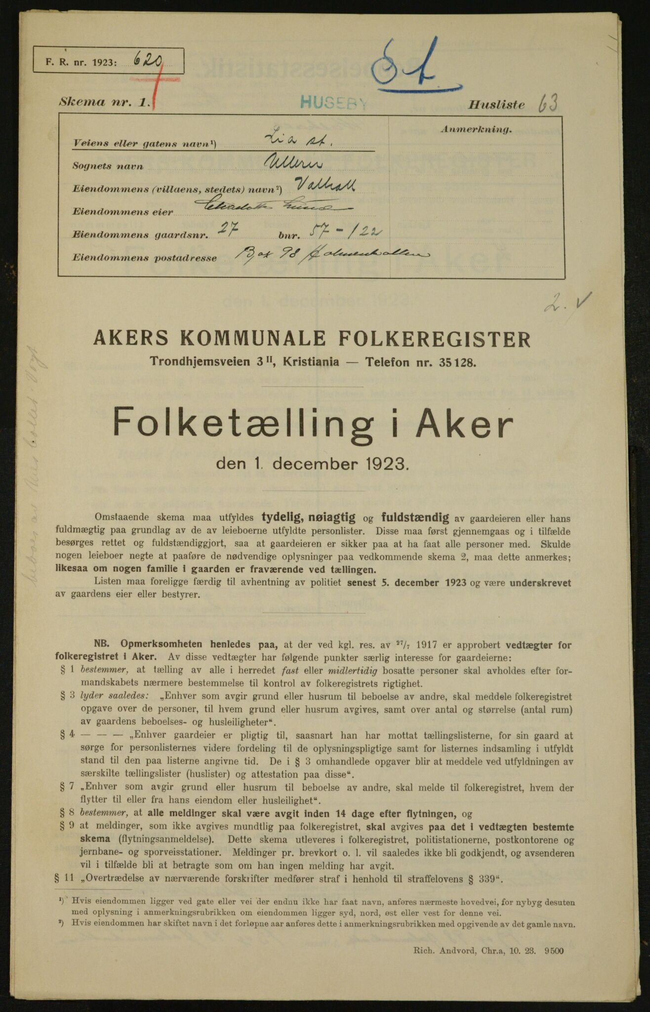 , Municipal Census 1923 for Aker, 1923, p. 3587