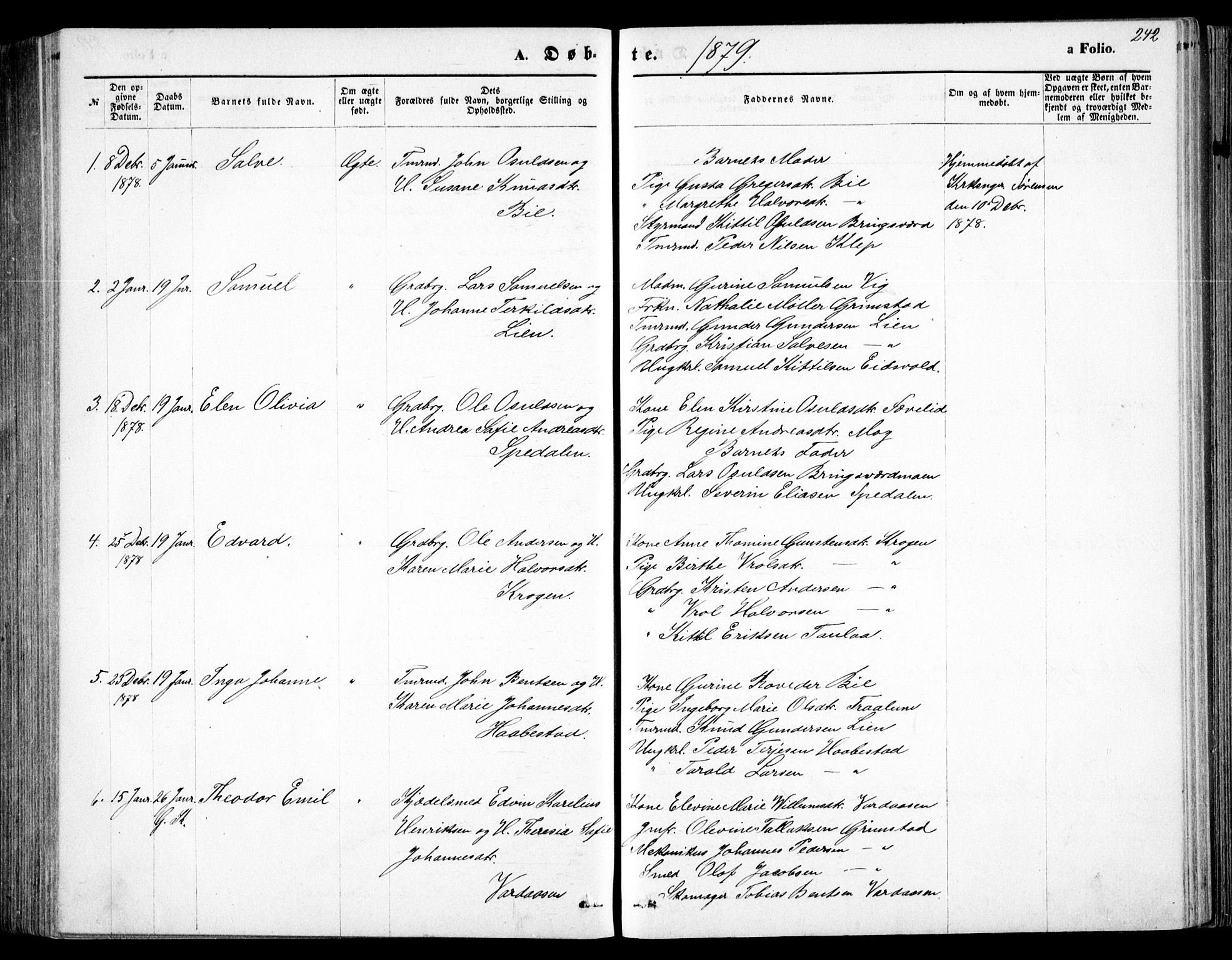 Fjære sokneprestkontor, SAK/1111-0011/F/Fb/L0010: Parish register (copy) no. B 10, 1871-1880, p. 242