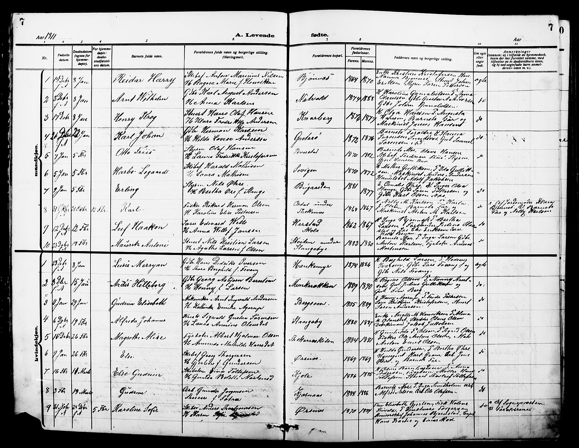 Nøtterøy kirkebøker, AV/SAKO-A-354/G/Ga/L0005: Parish register (copy) no. I 5, 1910-1924, p. 7