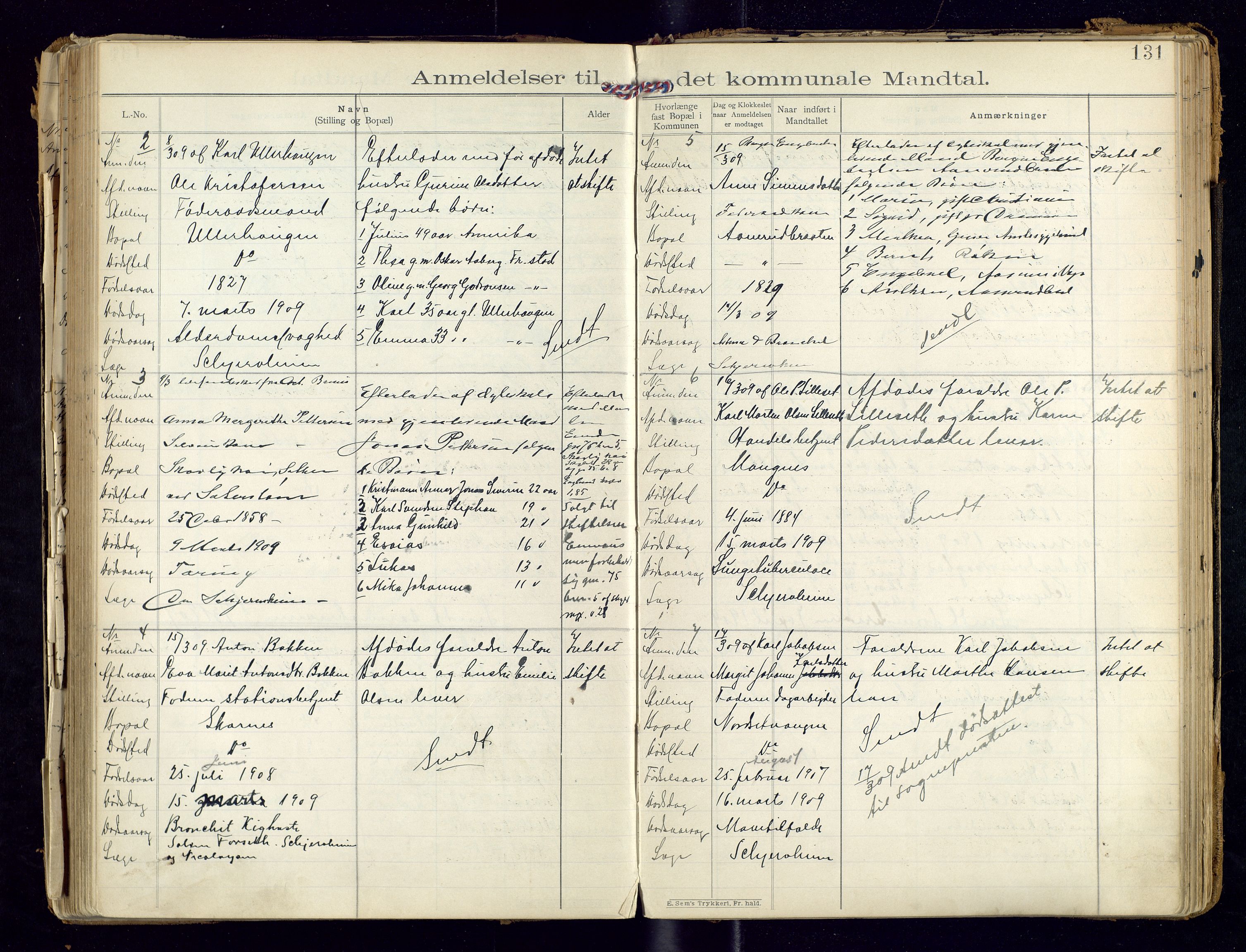 Sør-Odal lensmannskontor, SAH/LHS-022/H/Hb/L0001/0002: Protokoller over anmeldte dødsfall / Protokoll over anmeldte dødsfall, 1901-1913, p. 131