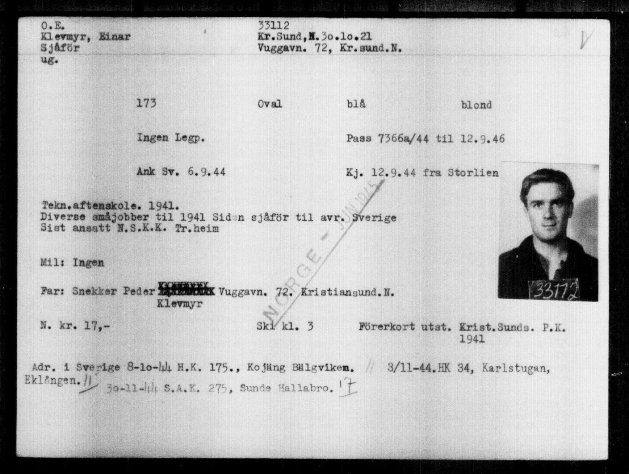Utenriksstasjonene, Legasjonen i Stockholm, Flyktningkontoret, AV/RA-S-6753/V/Va/L0013: Kjesäterkartoteket, flyktninger med registreringsnr. 31500-34731, 1940-1945, p. 1694