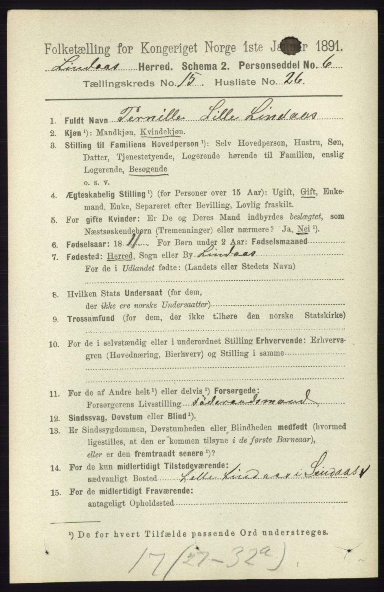 RA, 1891 census for 1263 Lindås, 1891, p. 5431