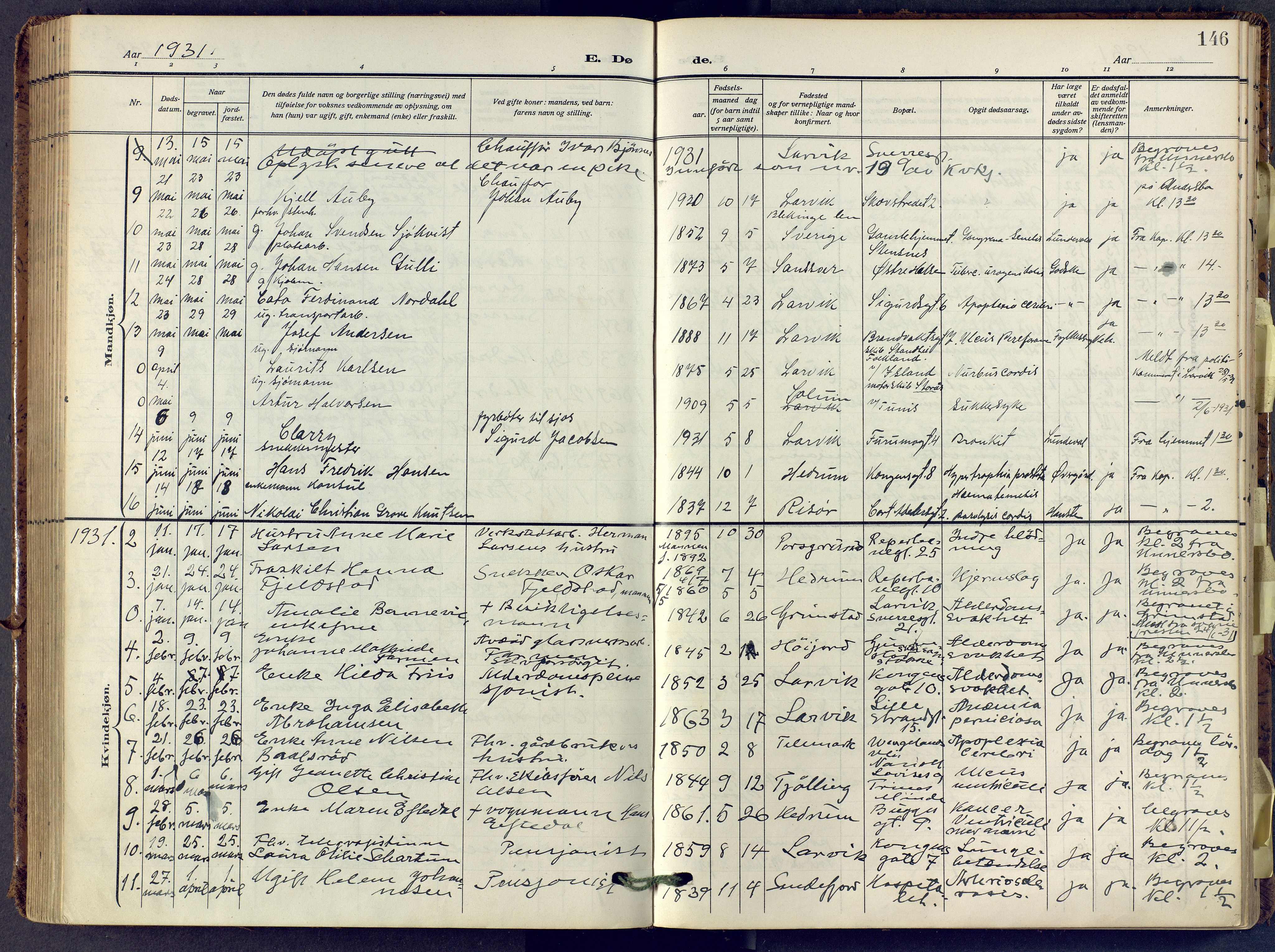 Larvik kirkebøker, AV/SAKO-A-352/F/Fa/L0013: Parish register (official) no. I 13, 1910-1960, p. 146