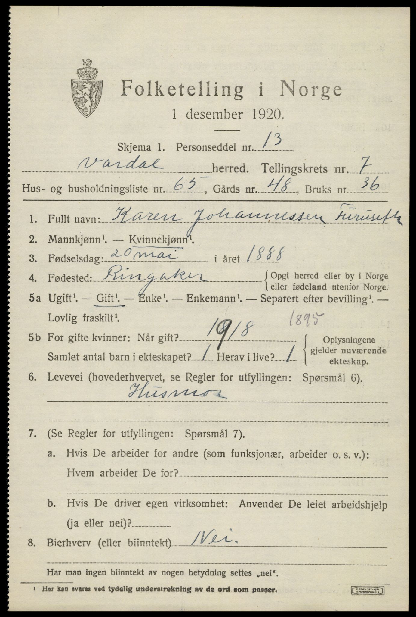 SAH, 1920 census for Vardal, 1920, p. 5725