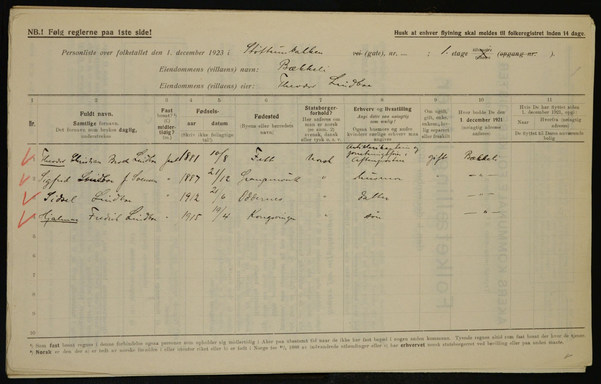 , Municipal Census 1923 for Aker, 1923, p. 46185